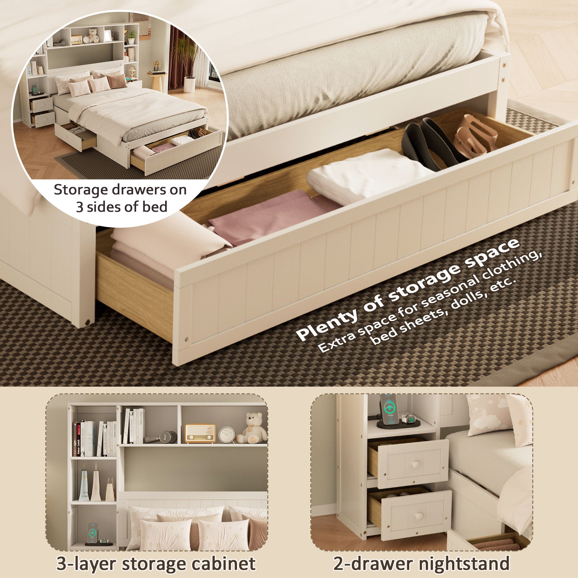 Platform Bed With All In One 2 Nightstand, Storage Shelf And Cabinet Bookcase With 2 Charging Stations