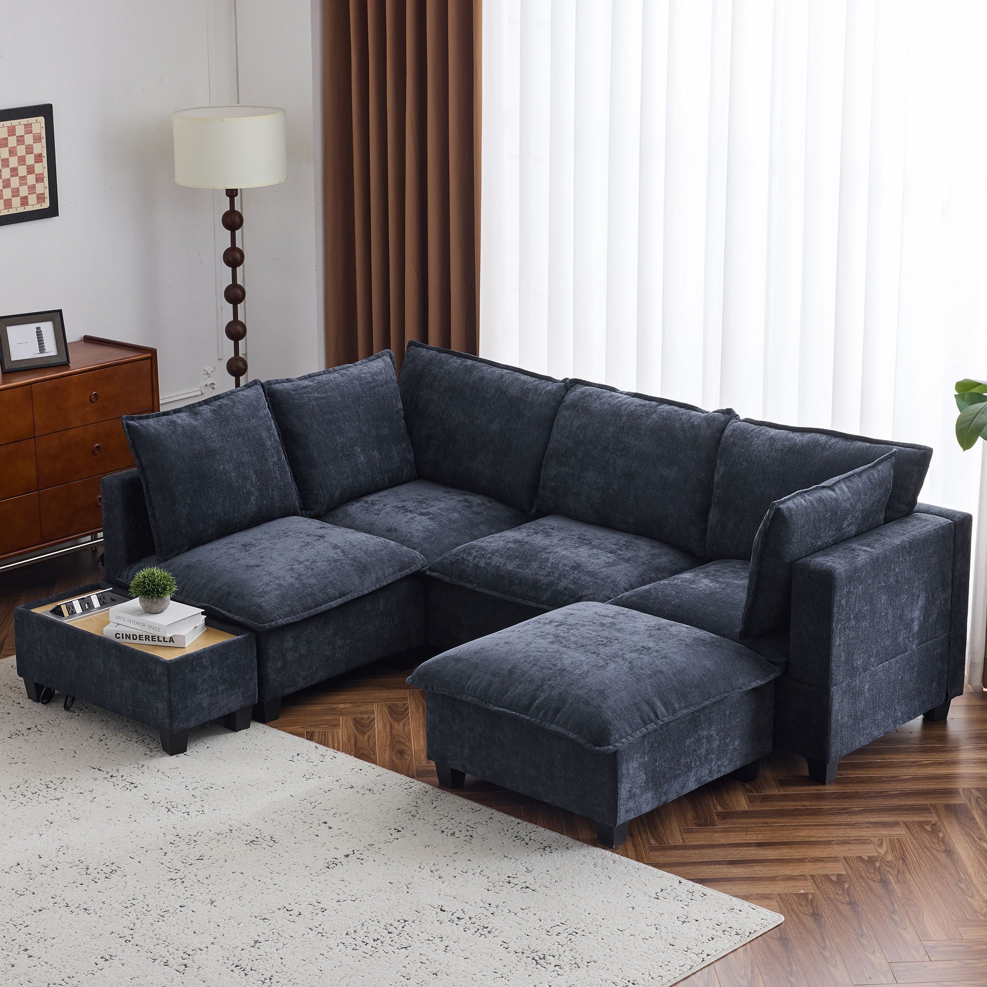 U-Shaped Sectional Modular Sofa With A Movable Ottoman, A Coffee Table With Hidden Charging Devices For Living Room