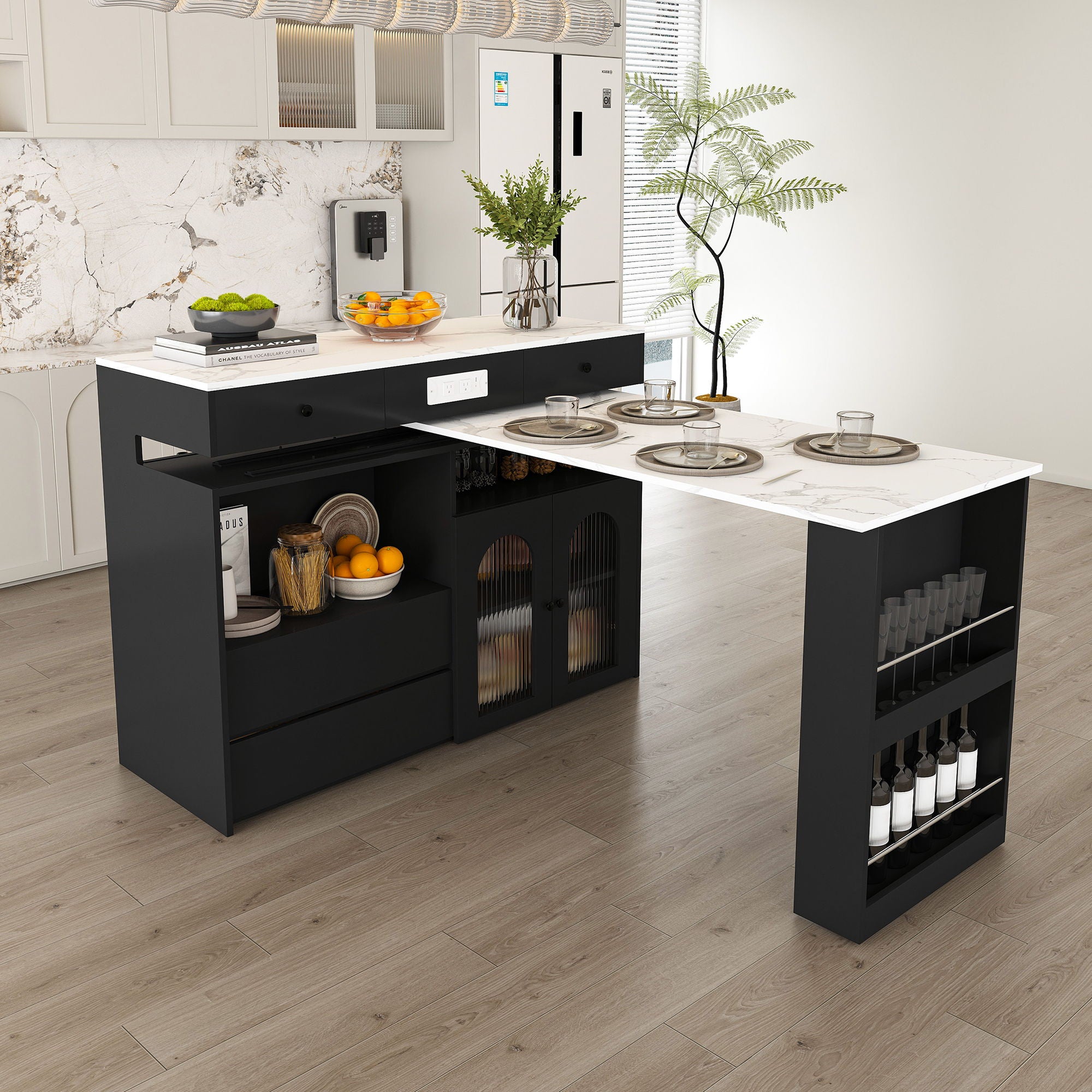 Kitchen Island With Extendable Rotating Table, 4 Drawers & Glass Door Cabinets, Built In Socket - Black