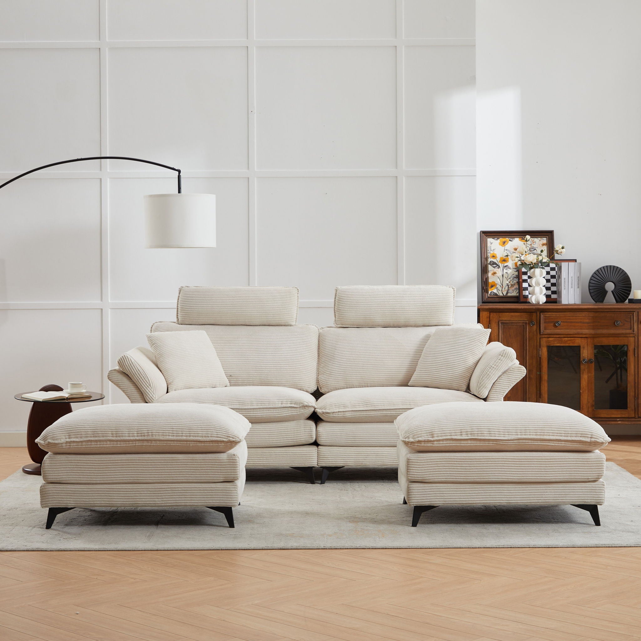 Modern Corduroy Deep Seat Sectional Sofa With Ottoman
