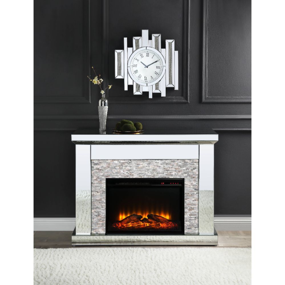 ACME Laksha - Fireplace - Mirrored & Stone | Meri Furniture