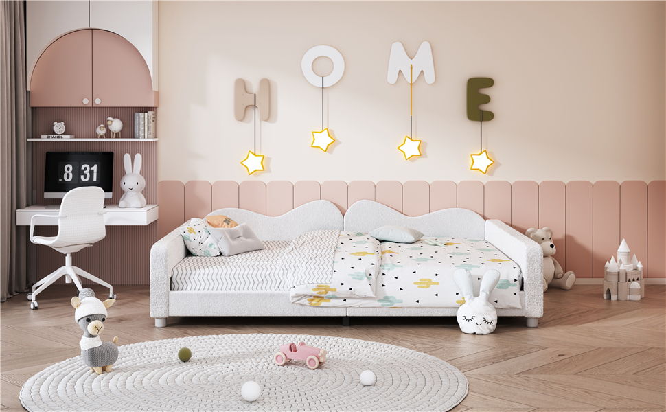 Upholstered Daybed, Sherpa Fabric Sofabed With Cloud-Shaped Backrest