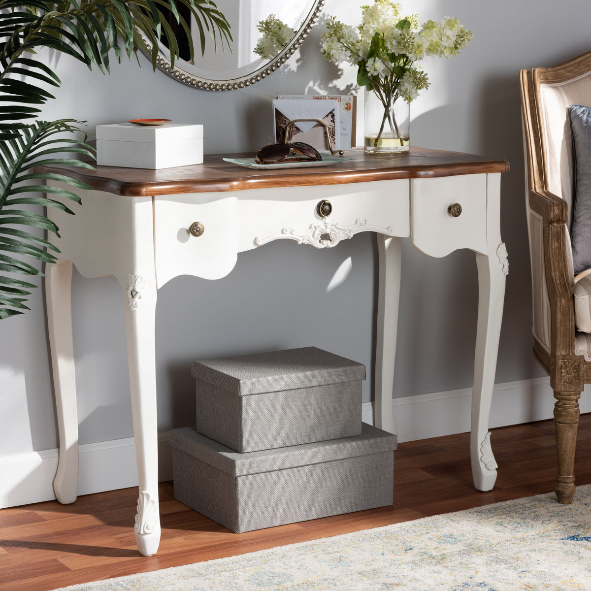 Sophie Classic Traditional French Country White and Brown Finished Small 3-Drawer Wood Console Table