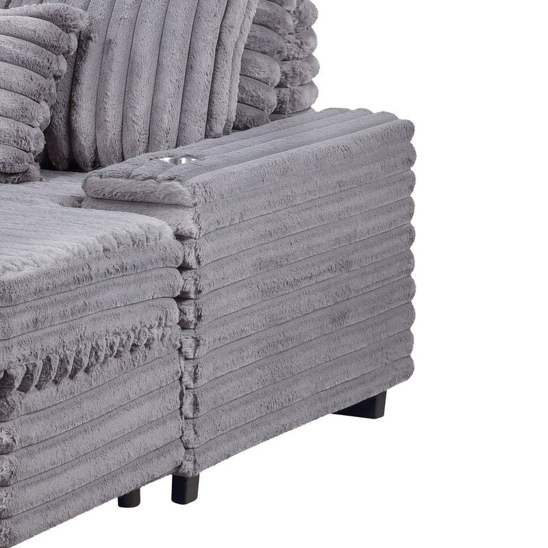 Symphony 67"W Gray Corduroy Oversized Sofa Chaise Lounge Chair with Cupholders and USB Charging Port