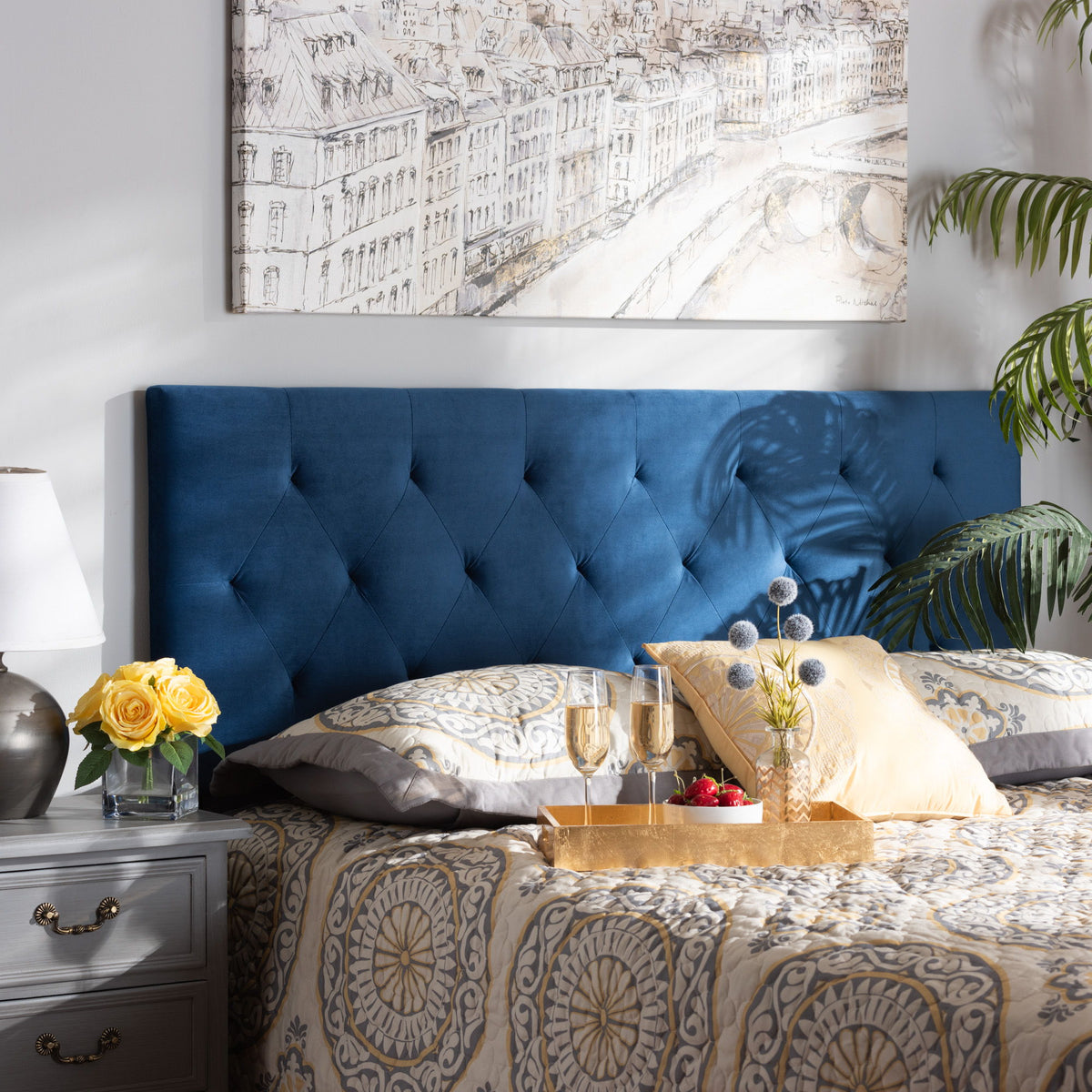 Felix Modern and Contemporary Navy Blue Velvet Fabric Upholstered Full Size Headboard