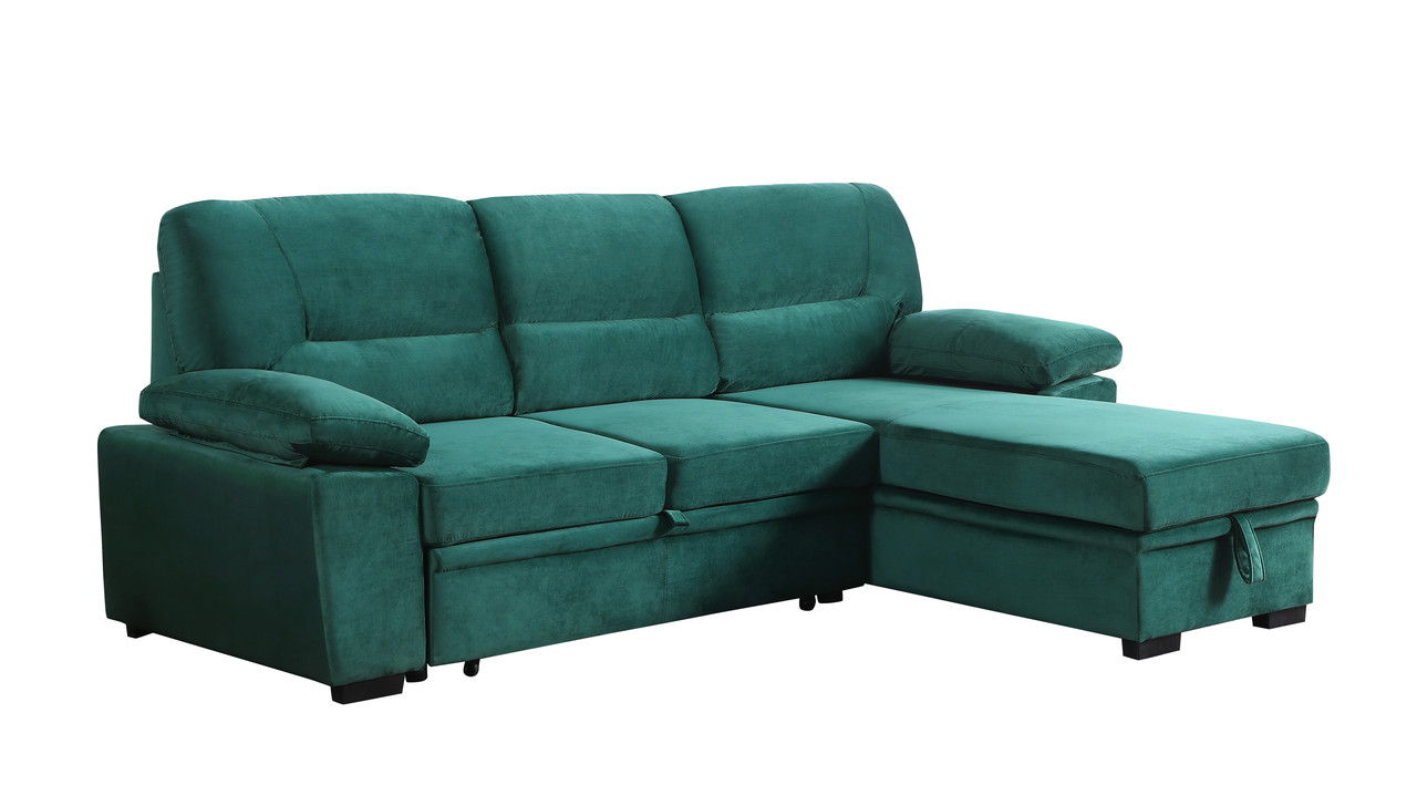 Kipling 97.5"W Green Velvet Fabric Reversible Sleeper Sectional Sofa Chaise