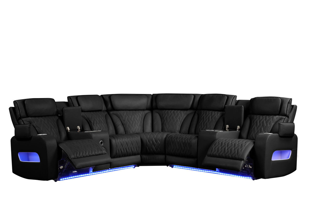 Jazz 117"W Black Leather Aire Transformer Power Reclining Sectional Sofa with Power Headrest, Bluetooth Speakers, LED Lights, USB & USB-C Ports, Storage & Cupholders