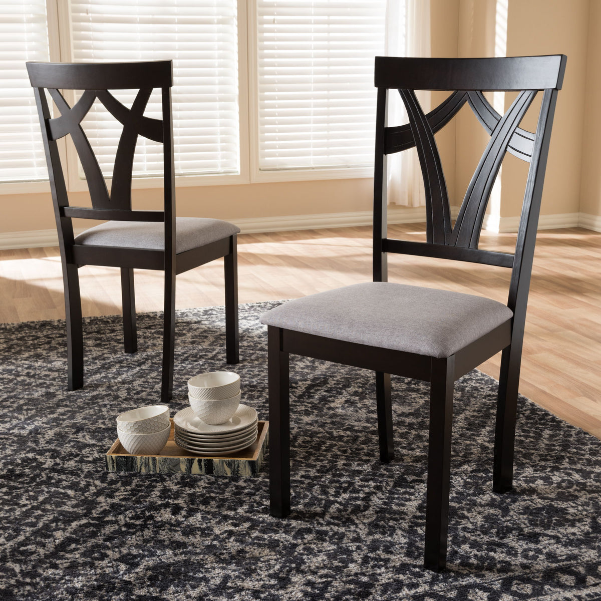 Sylvia Modern and Contemporary Grey Fabric Upholstered and Dark Brown Finished Dining Chair (Set of 2)