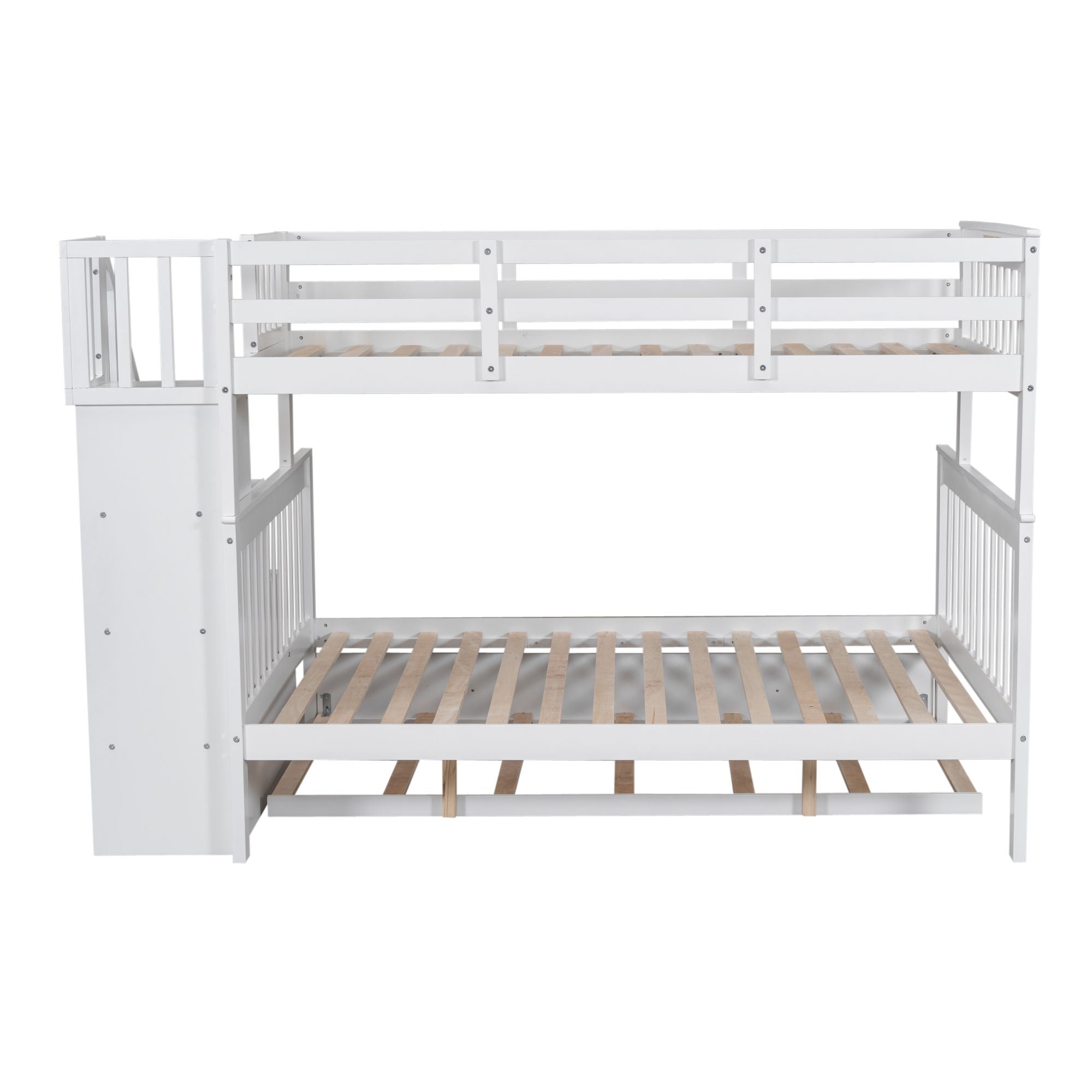 Bunk Bed With Twin Size Trundle, Storage And Guard Rail For Bedroom