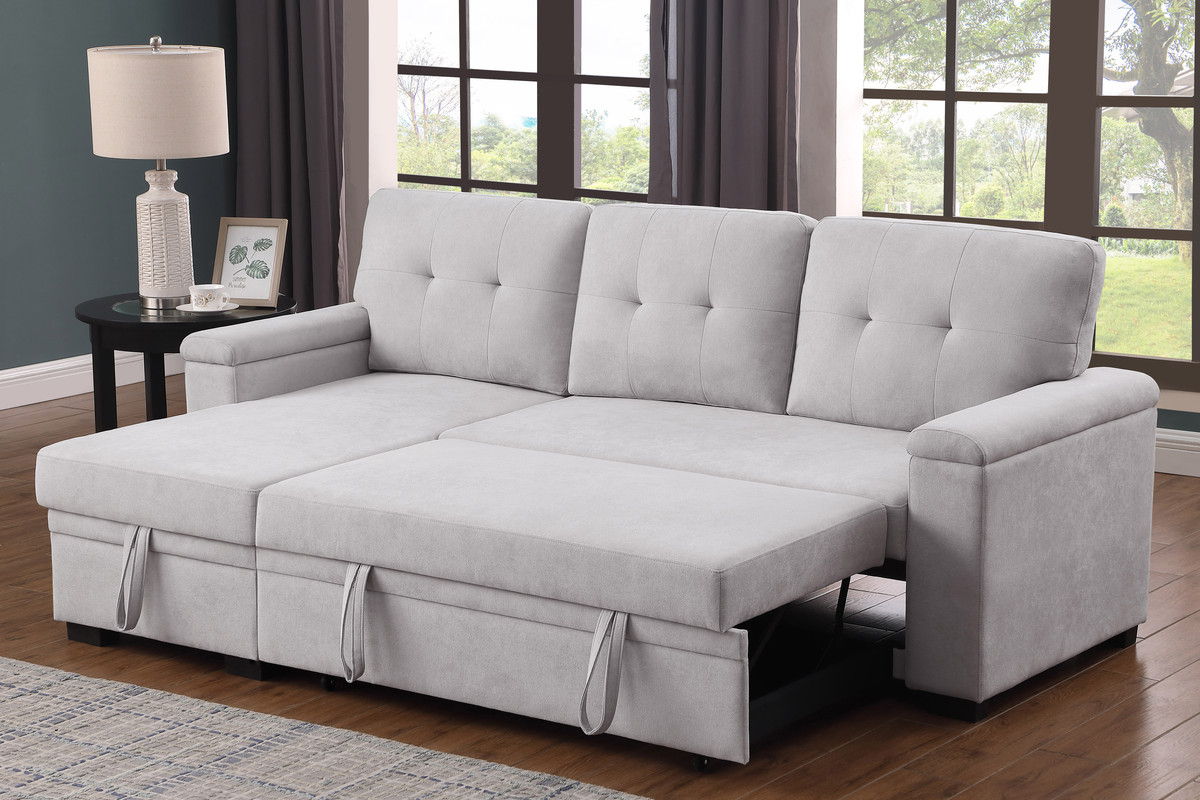 Lucca II 84.5"W Light Gray Woven Fabric Reversible Sleeper Sectional Sofa with Storage Chaise