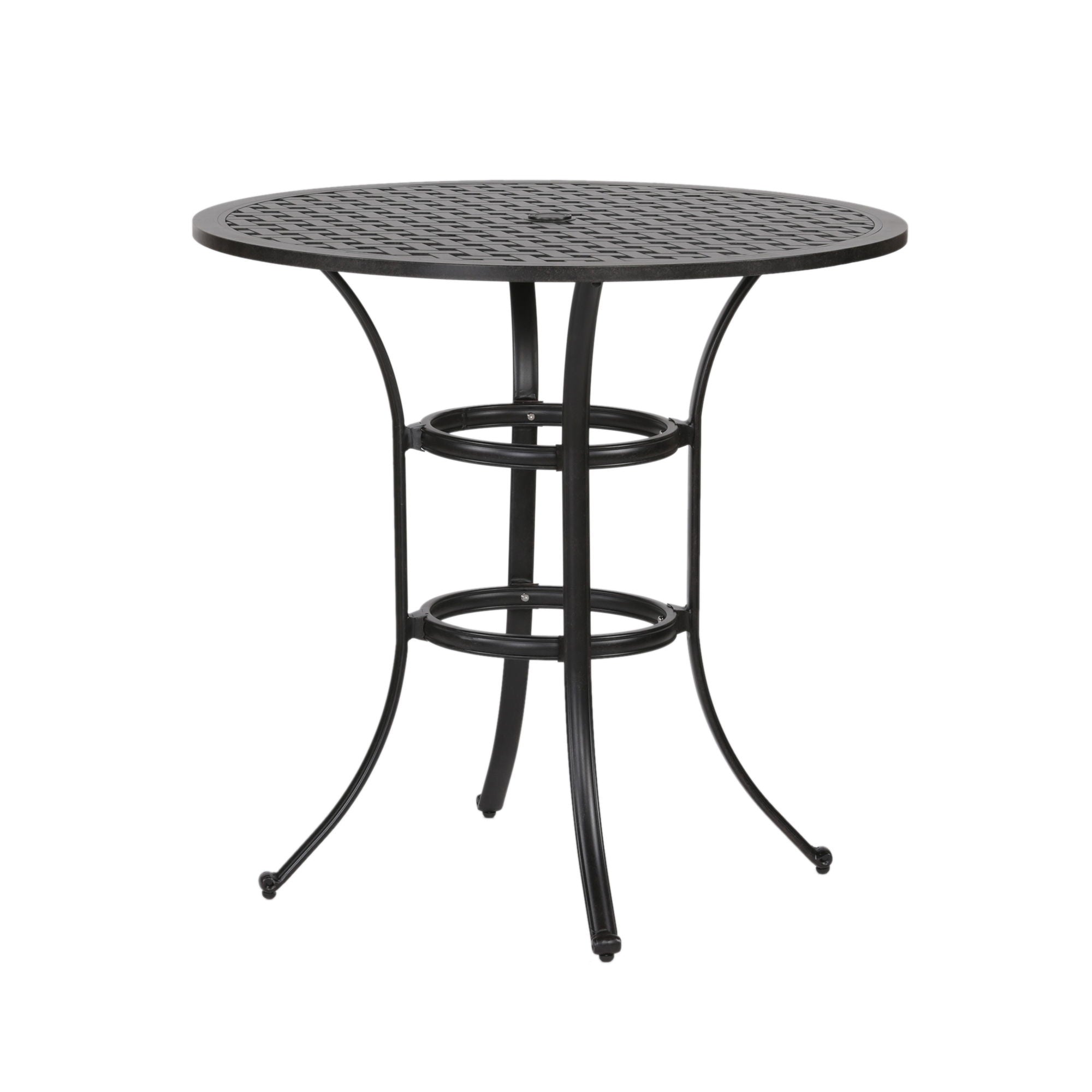 Cast Aluminum Round Counter Table With Lattice Design And Umbrella Hole - Dark Lava Bronze