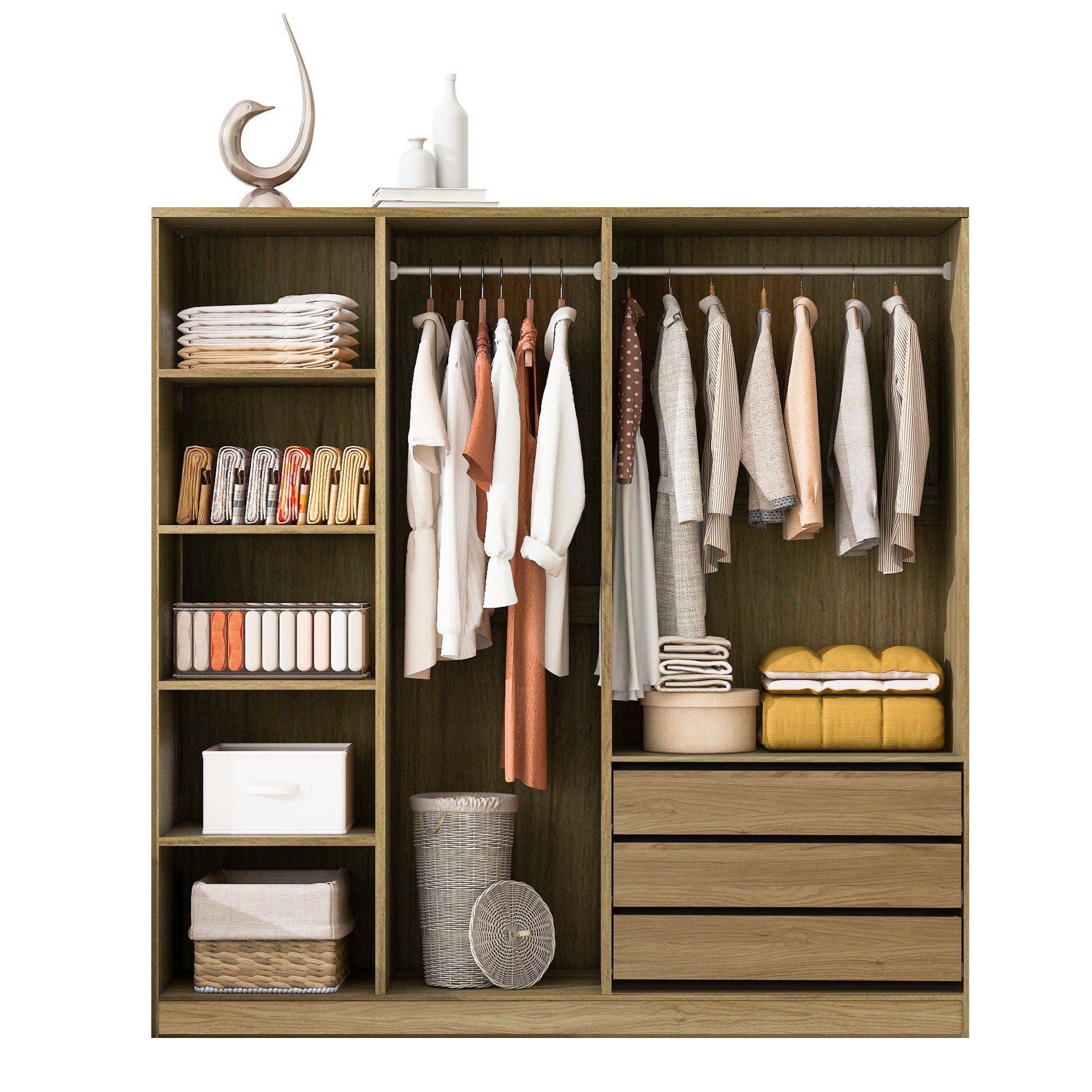 Doorless Storage Wardrobe For Dedroom With Shelves And 3 Drawers