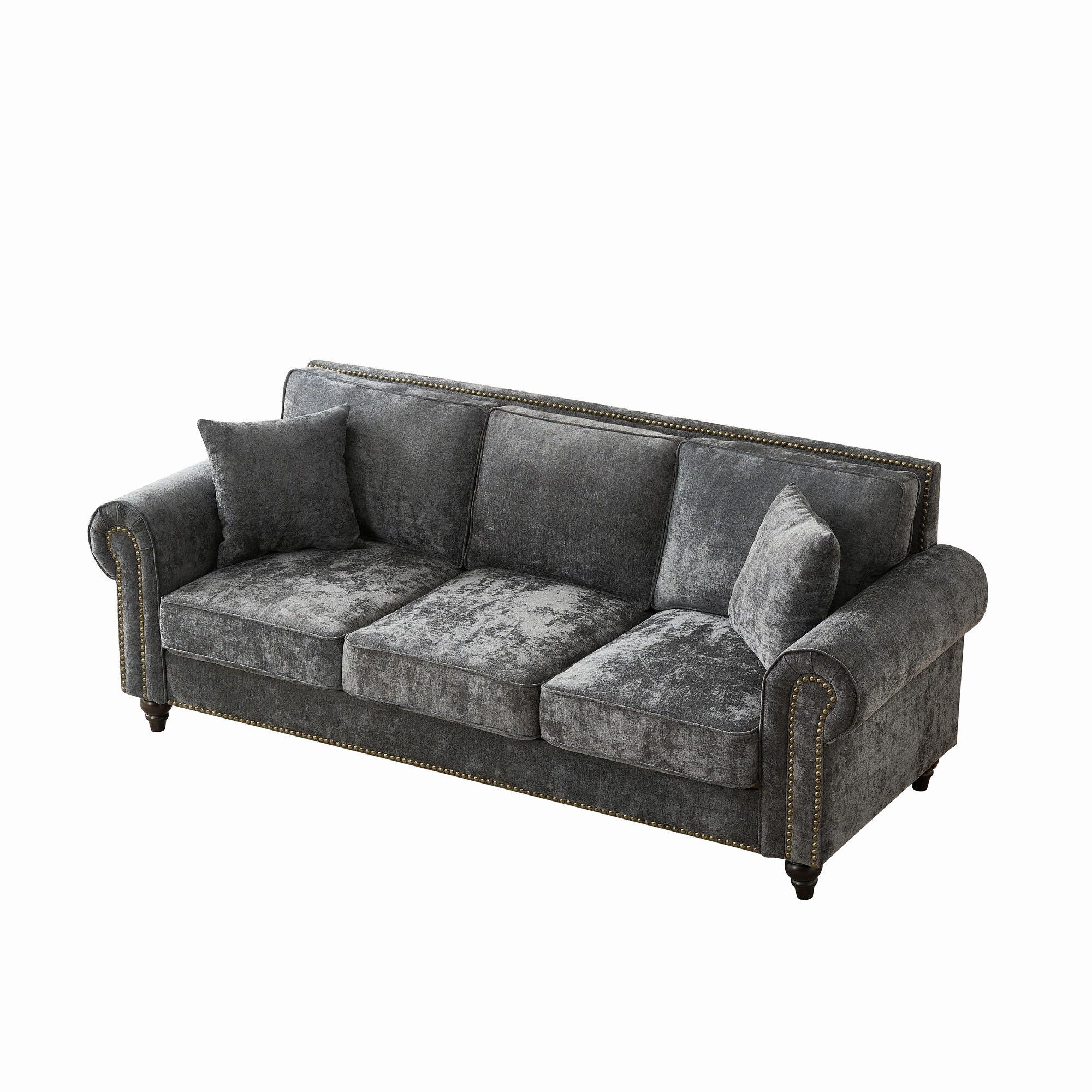 3 Seater Sofa With Tufted Upholstery, Rolled Arms, Nailhead Trim