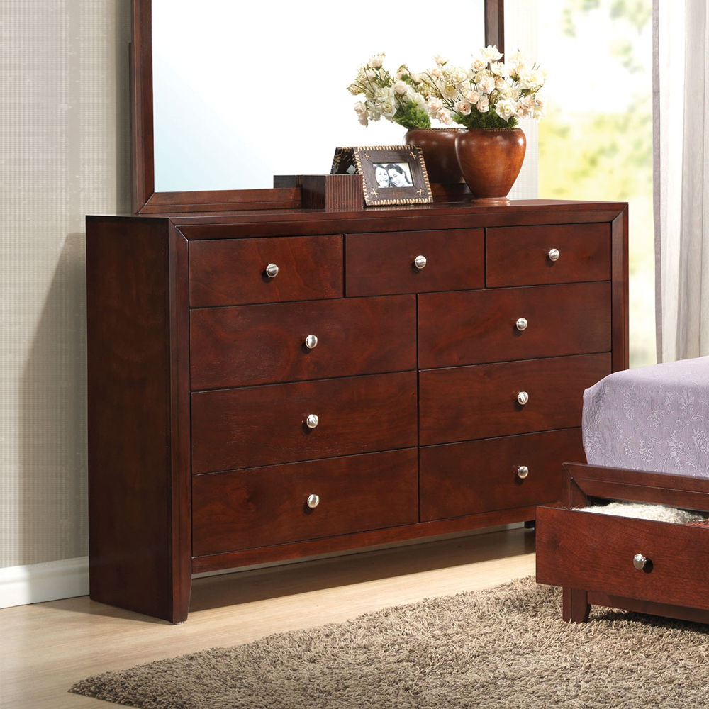 ACME This Ilana contemporary 9 drawers dresser is brown cherry finish with English dovetail with center metal glides. The clean finish top is easy to wipe. The knob hardware accentuates nine drawers that offer much convenience for use. | Meri Furniture
