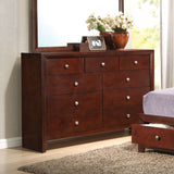 This Ilana contemporary 9 drawers dresser is brown cherry finish with English dovetail with center metal glides. The clean finish top is easy to wipe. The knob hardware accentuates nine drawers that offer much convenience for use.