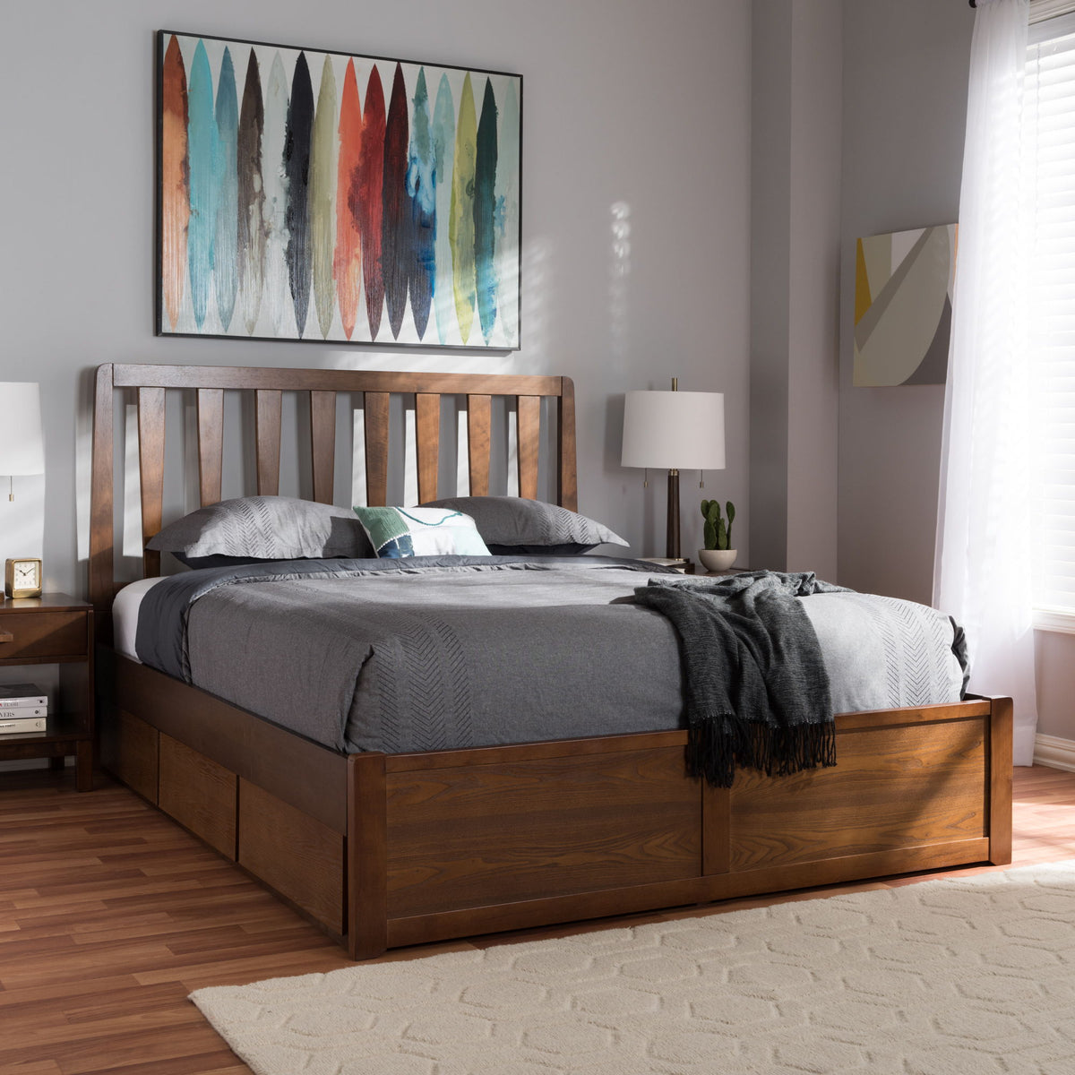Raurey Modern and Contemporary Walnut Finished Queen Size Storage Platform Bed