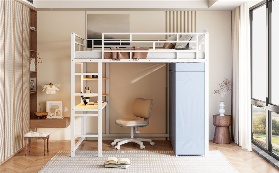 Loft Bed With Desk, Shelves, Power Outlet, LED Light And Wardrobe