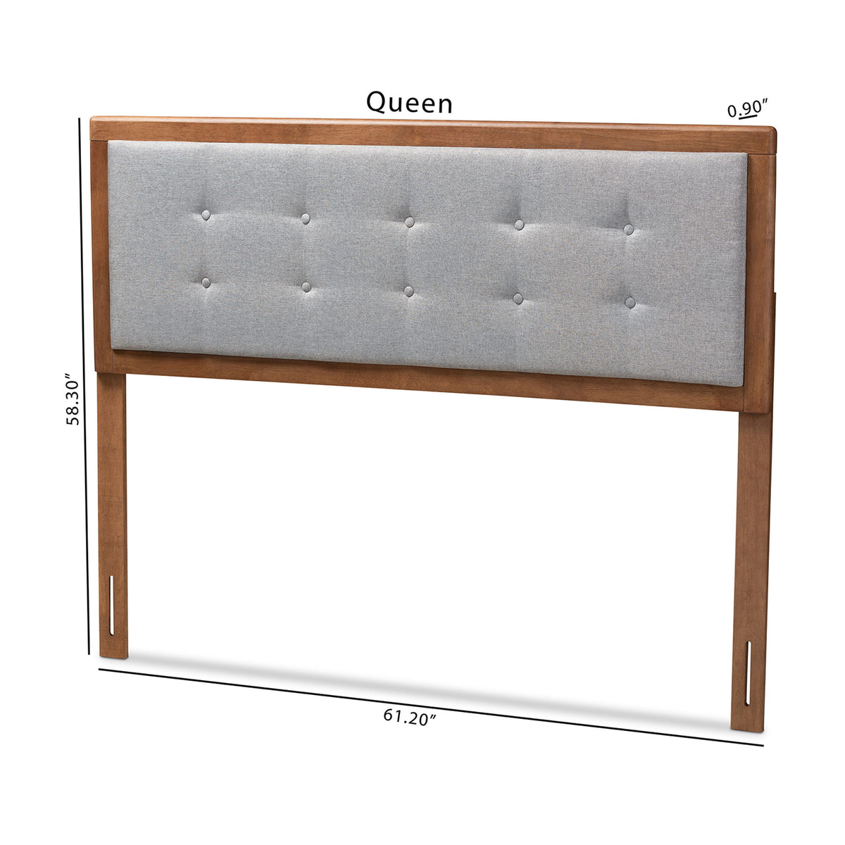 Sarine Mid-Century Modern Light Grey Fabric Upholstered Walnut Brown Finished Wood Queen Size Headboard
