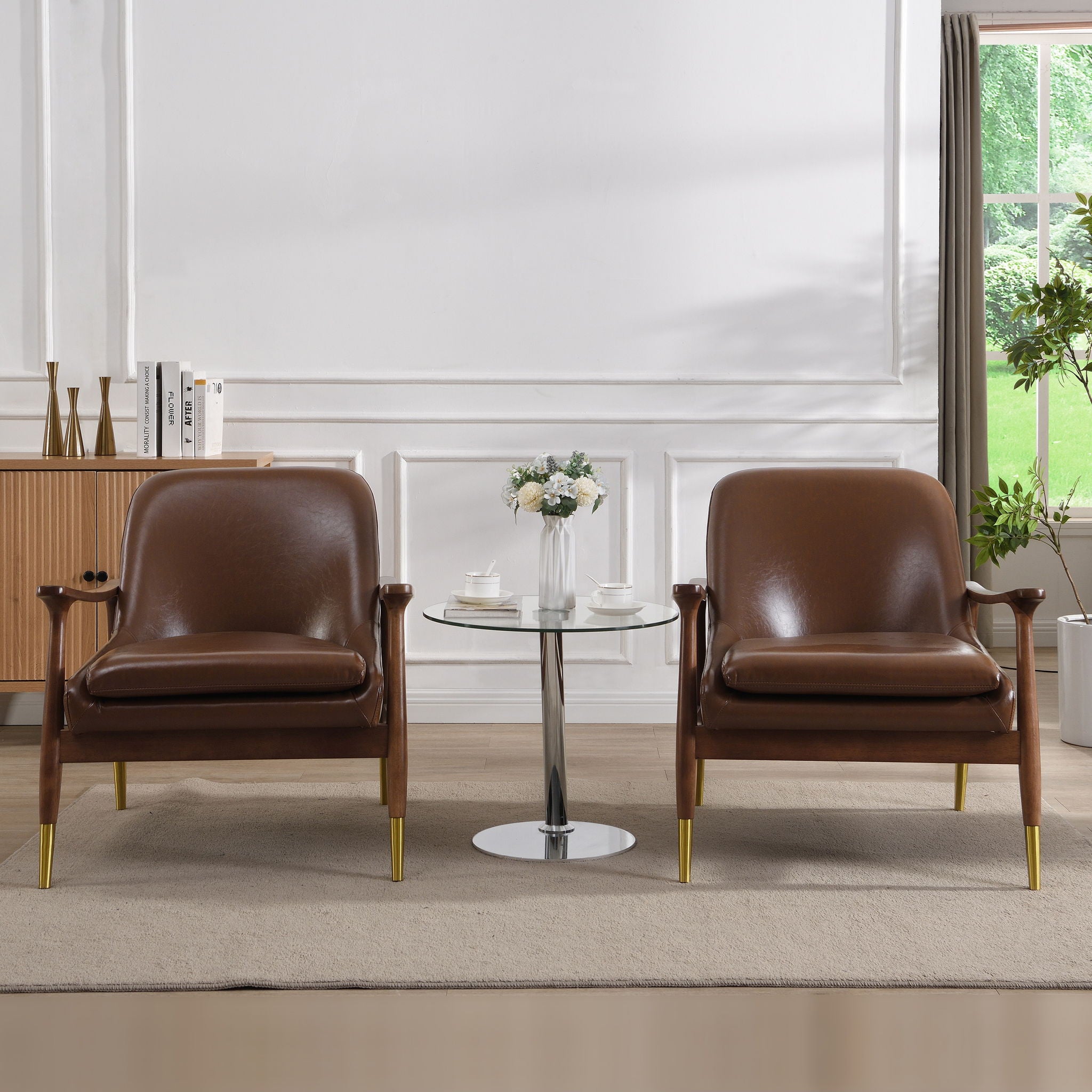 Mid - Century Accent Chair With Cushioned Seat, Brass Tipped Legs