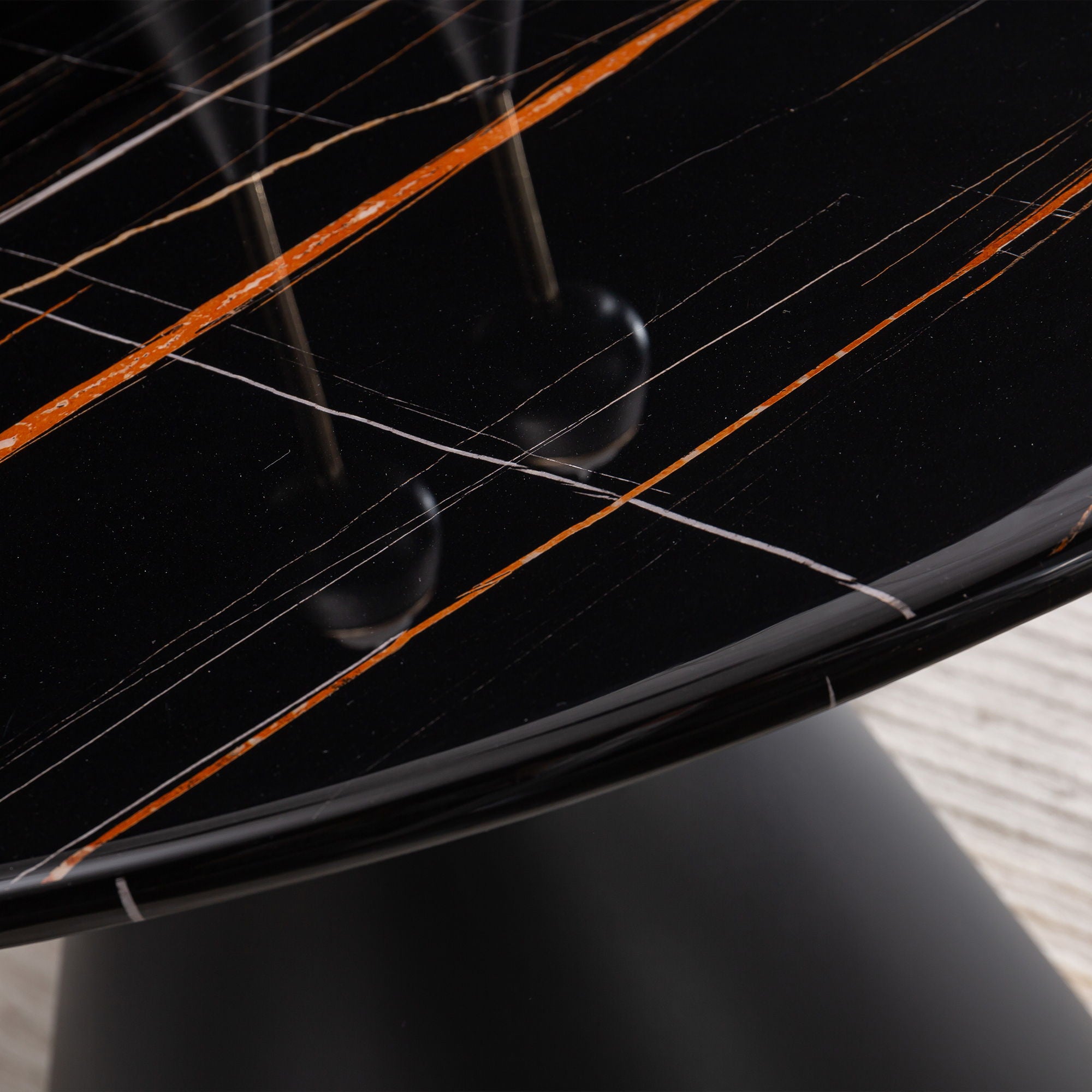 Marble Printed Round Dining Table - Black Columnar Base With Gold Annulus Not Including Chairs - Black