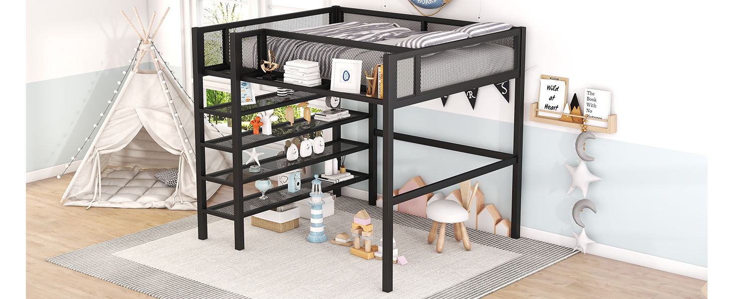 Loft Bed With 4 Tier Shelves And Storage