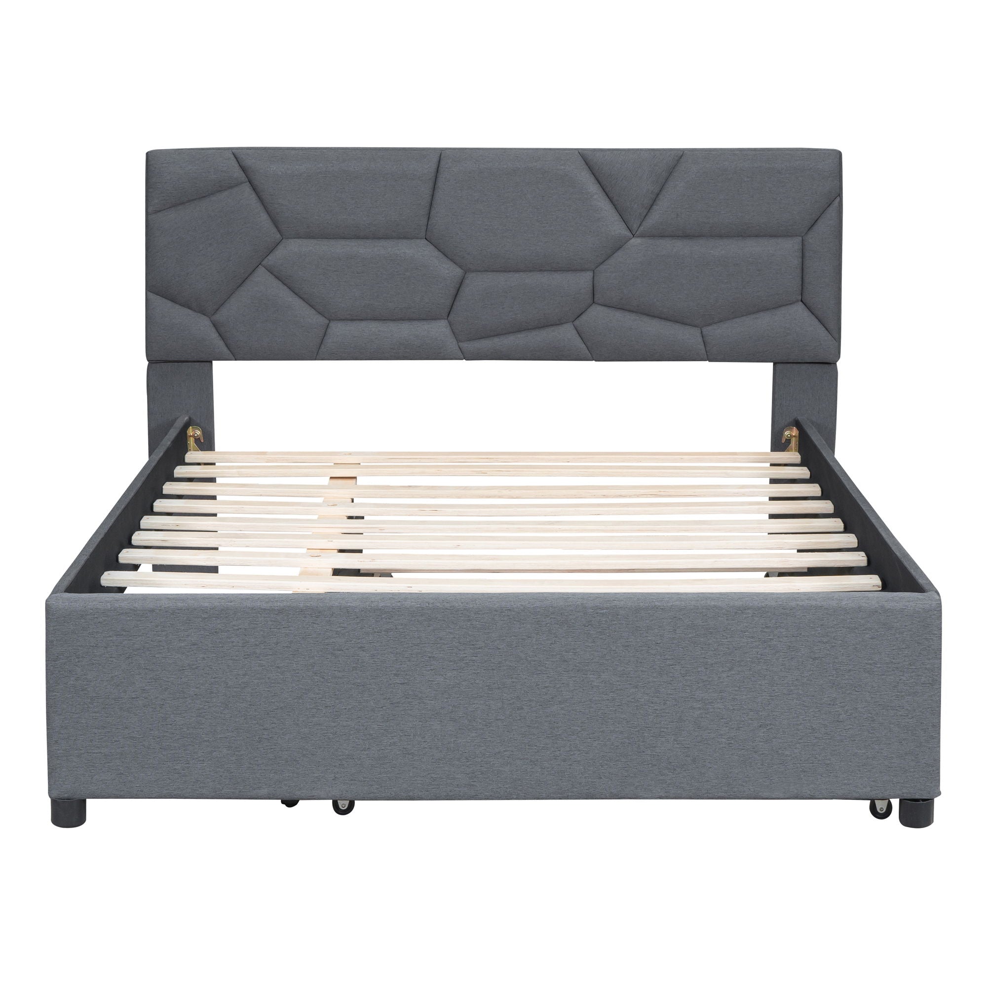 Upholstered Platform Bed With Brick Pattern Headboard And Twin Long Size Trundle