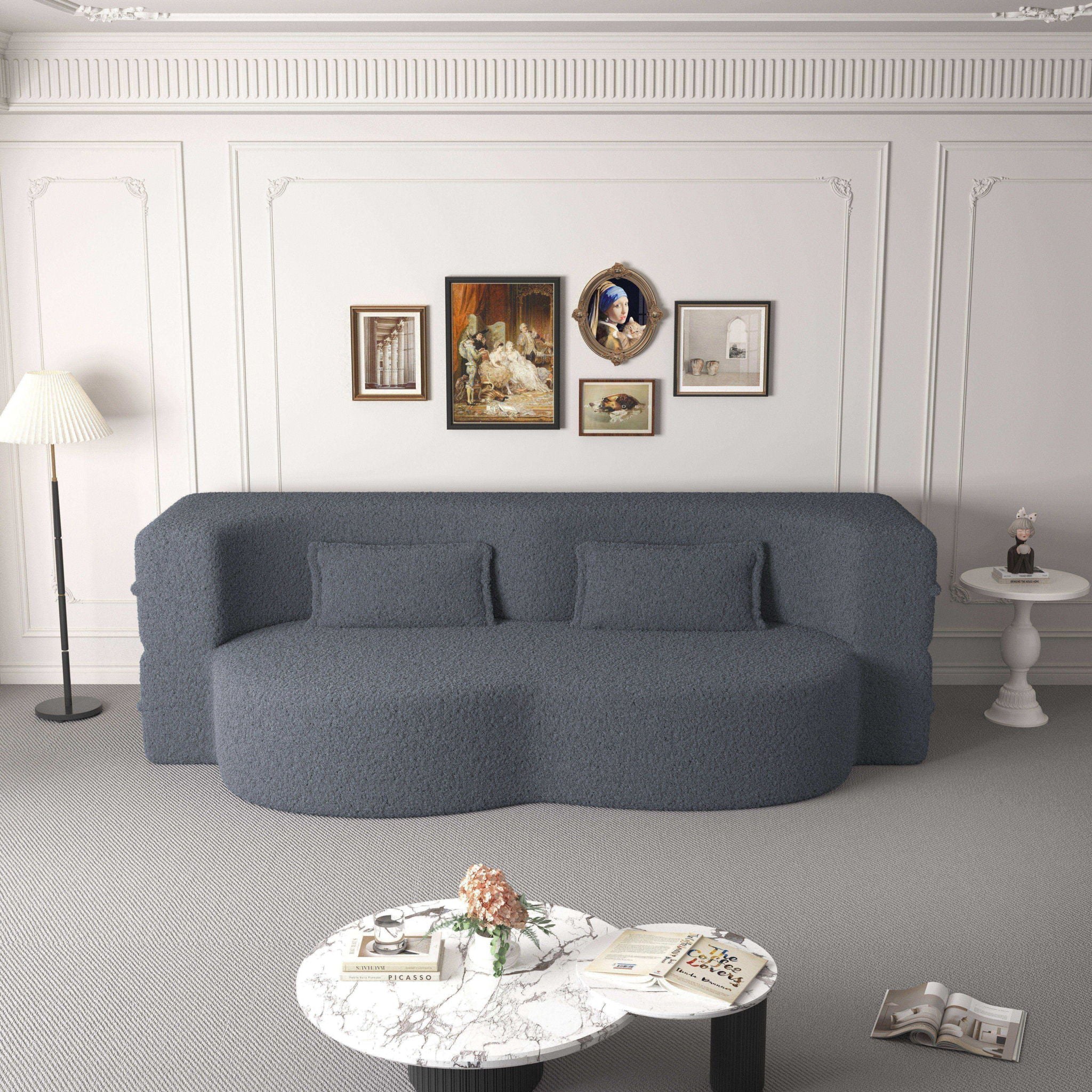 Modern Floor Sofa, With 2 Pillows, Convertible Teddy Fabric Foam Filled Bed