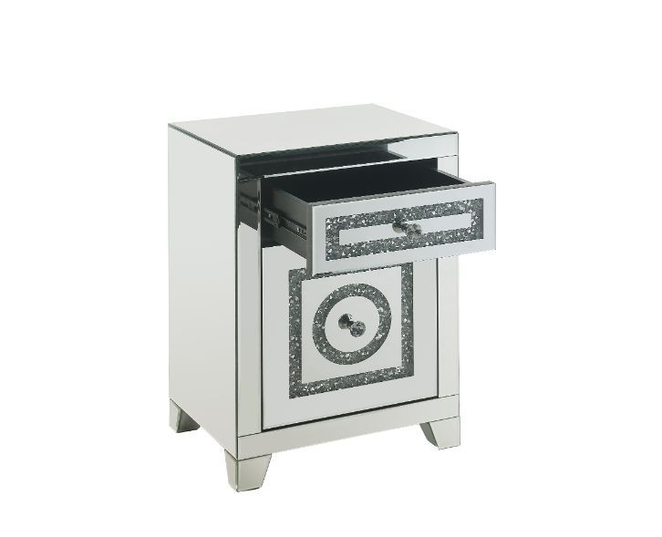 ACME Noralie - Accent Table With Storage Drawers - Mirrored & Faux Diamonds - 26" | Meri Furniture