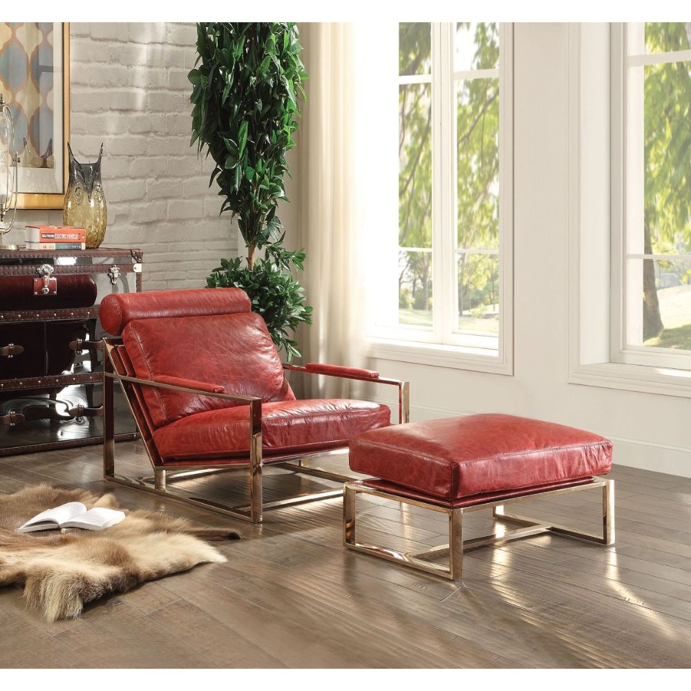 ACME Quinto - Accent Chair - Antique Red Top Grain Leather & Stainless Steel | Meri Furniture