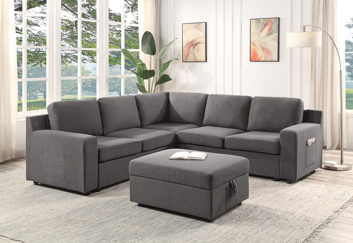 Waylon 93"W Gray Linen 6-Seater L-Shape Sectional Sofa with Storage Ottoman and Pockets