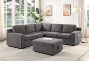 Waylon 93"W Gray Linen 6-Seater L-Shape Sectional Sofa with Storage Ottoman and Pockets