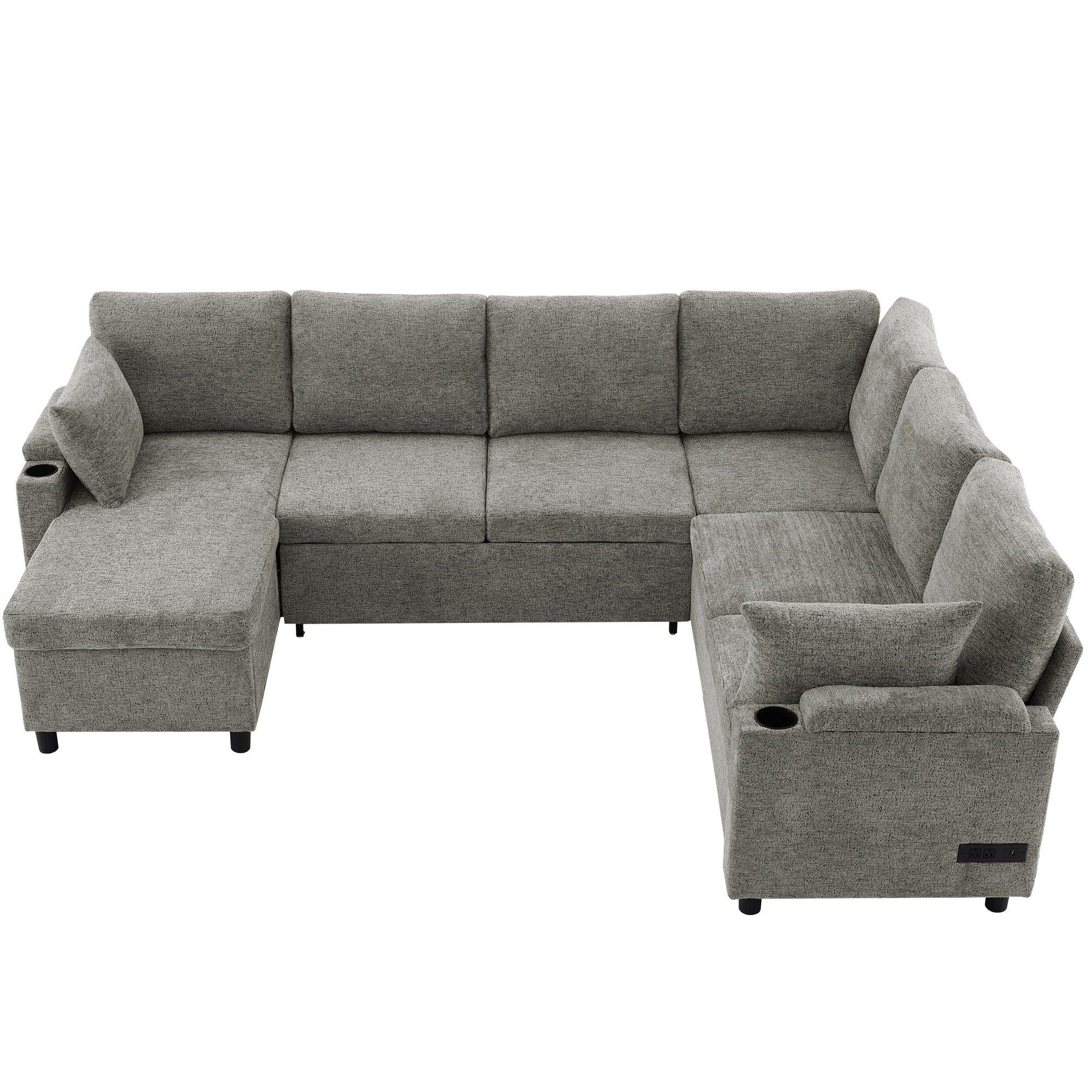 U-Shaped Sectional Sleeper Sofa With Ample Storage Space, 2 Cup Holders And Charging Ports For Living Room