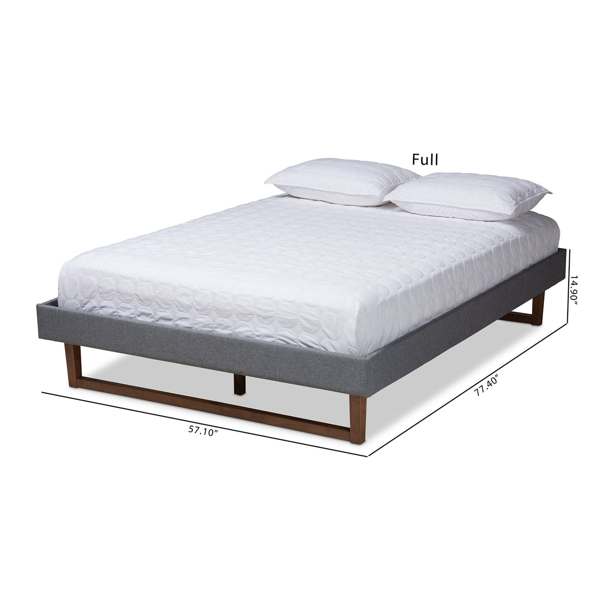 Liliya Mid-Century Modern Dark Grey Fabric Upholstered Walnut Brown Finished Wood Queen Size Platform Bed Frame