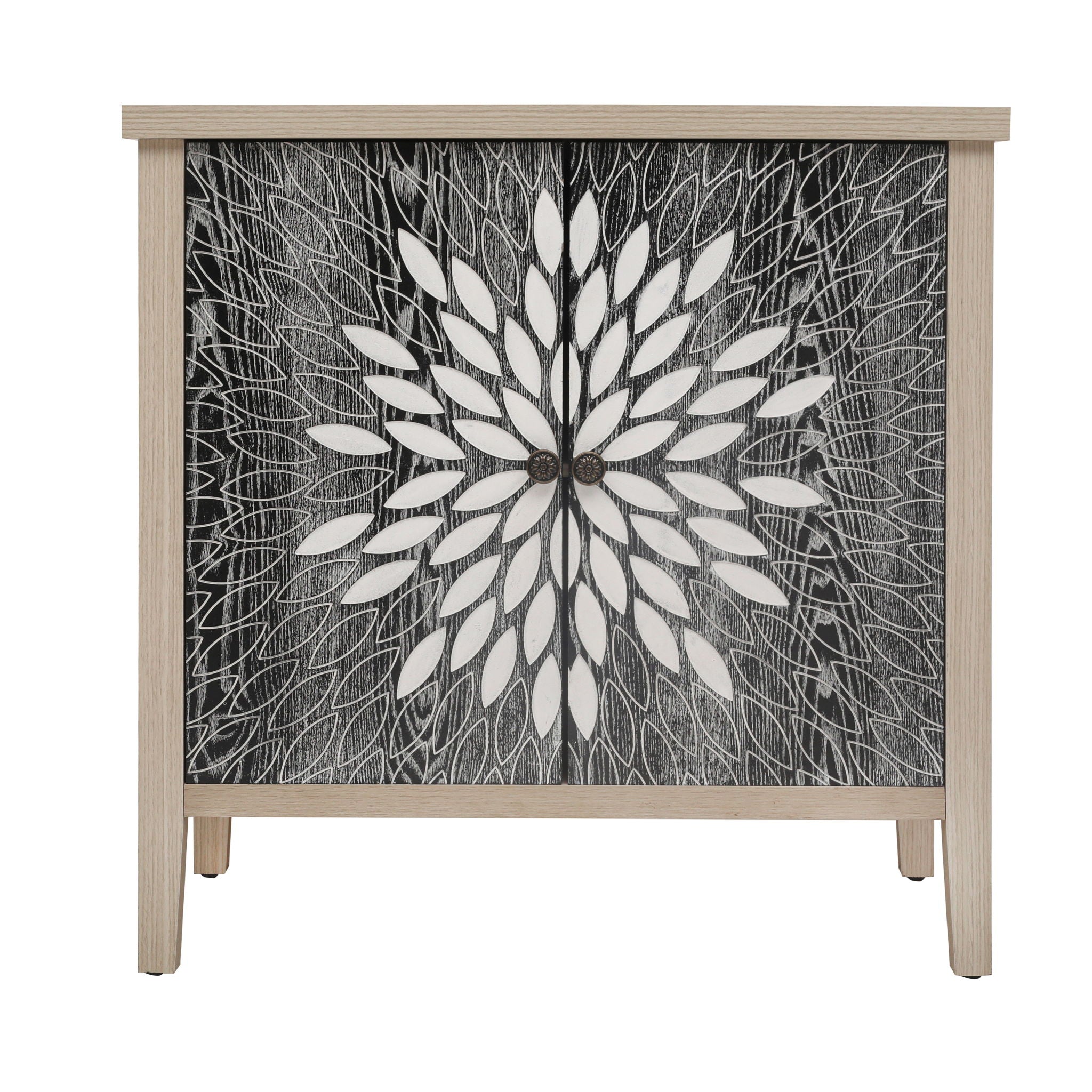 2 Door Carved Storage Cabinet With Adjustable Shelf, Accent Furniture