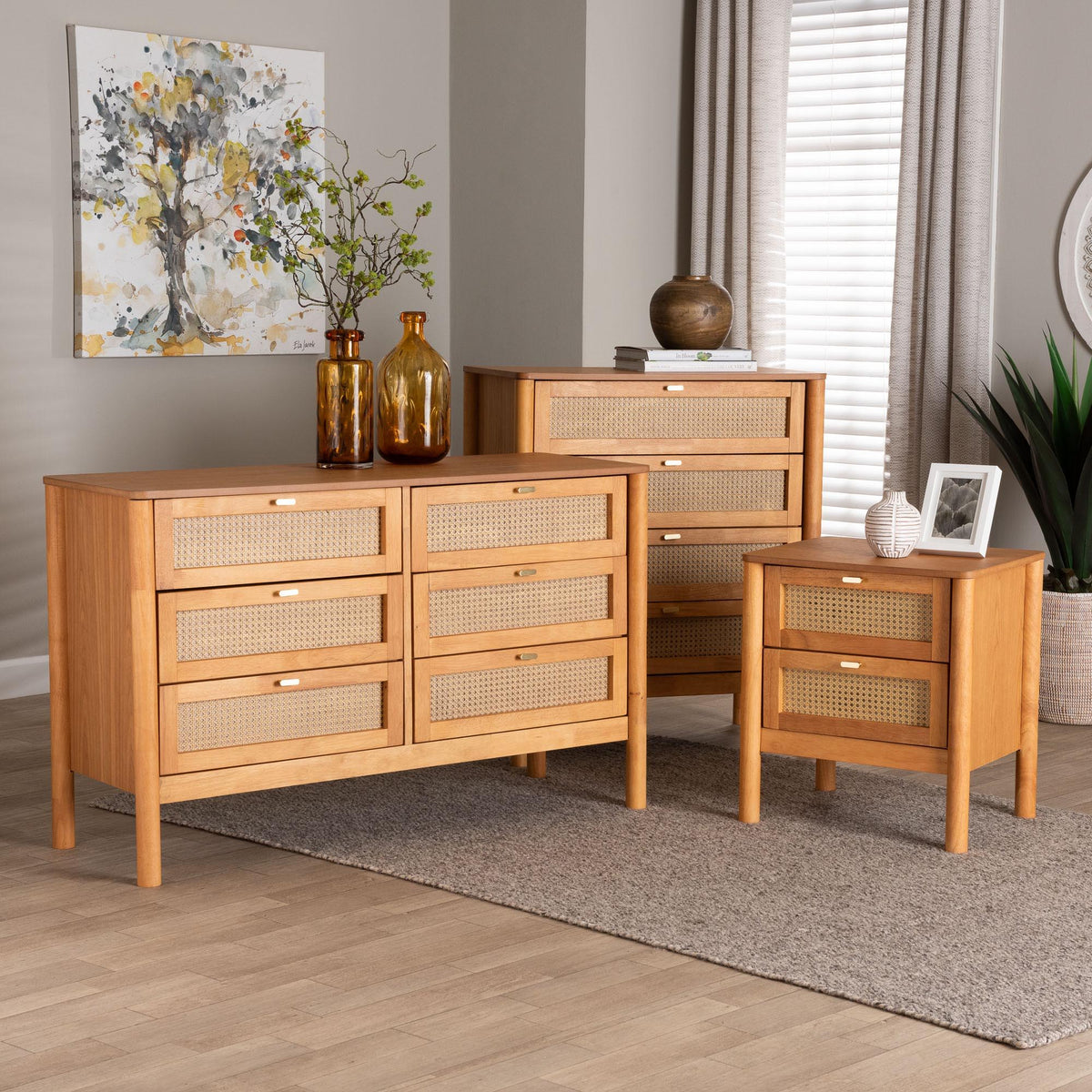 Jenn Golden Brown Wood Japandi 3-Piece Storage Set with Distressed-Finished Rattan