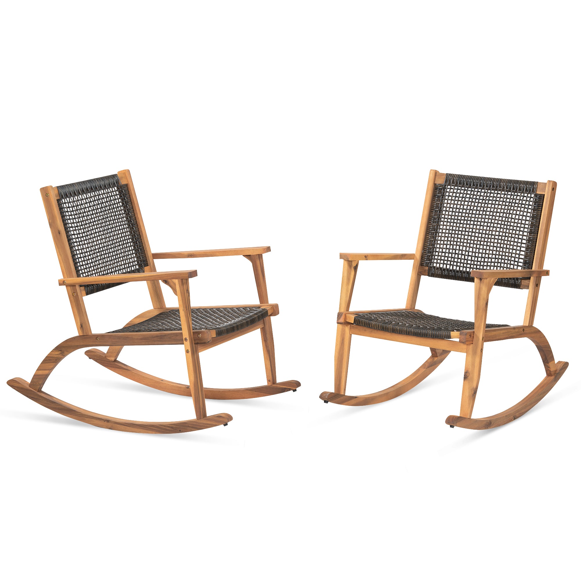 2-Pieces Patio Rocking Chair Set, Acacia Wood Outdoor Rockers with Wicker Rattan Seat & Backrest