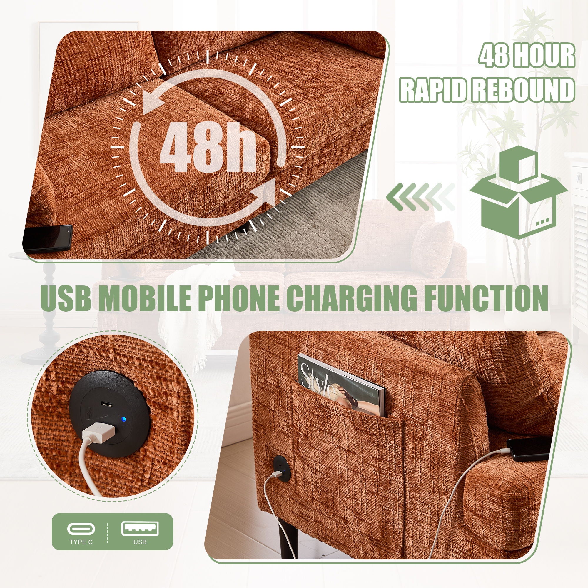 Chenille 2 Seater Sofa With LED Light, USB Charging Port, And Storage Bag