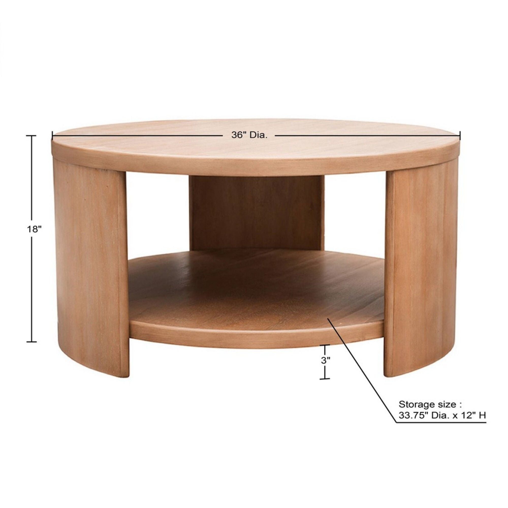 Modern Minimalist Round Coffee Table With Shelf Storage - Natural