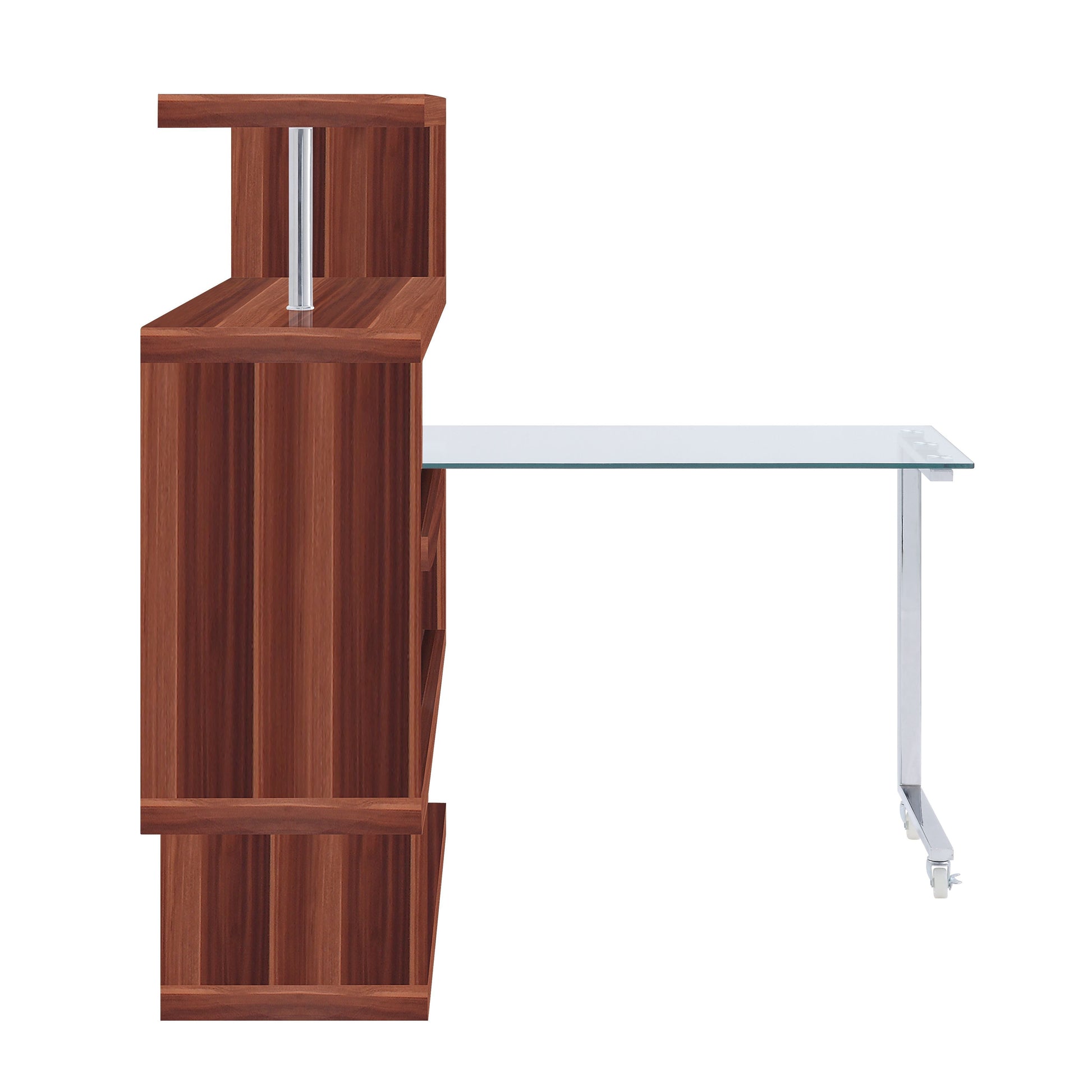 ACME Writing Desk w/Swivel Function 360 Open Storage: 4 Shelves Clear Glass Desk Top High Gloss Finish 2 Wheels Included | Meri Furniture