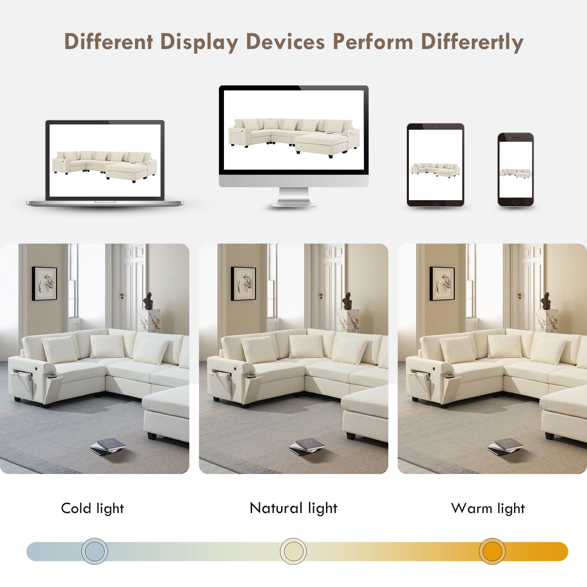U Shaped Sectional Sofa 6 Seat Couch Set With Oversized Ottoman, Hidden Armrest Storage And Cup Holders USB Charging Ports Wide Seat Sofa