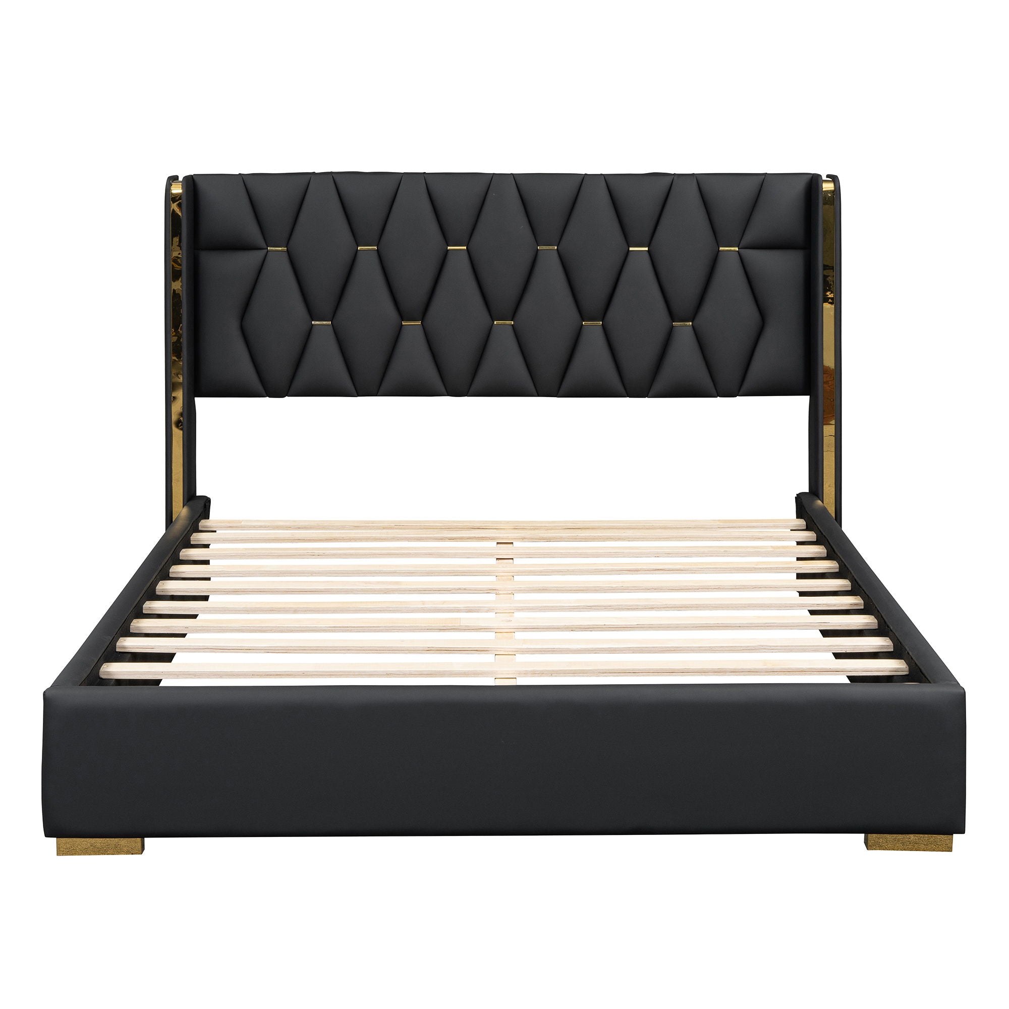 Upholstered Platform Bed With Strips - Black