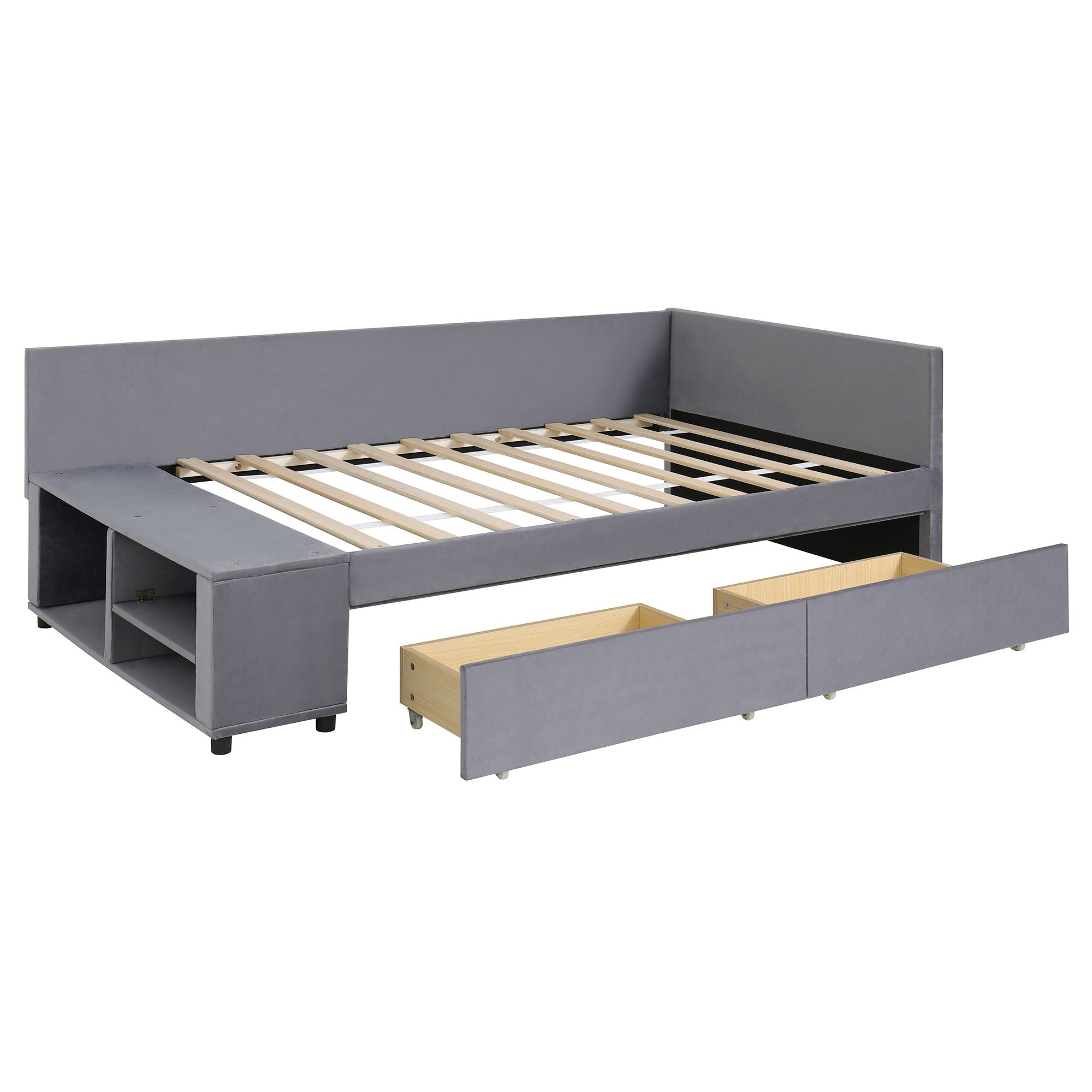 L Shaped Upholstered Platform Bed With Storage And Drawers