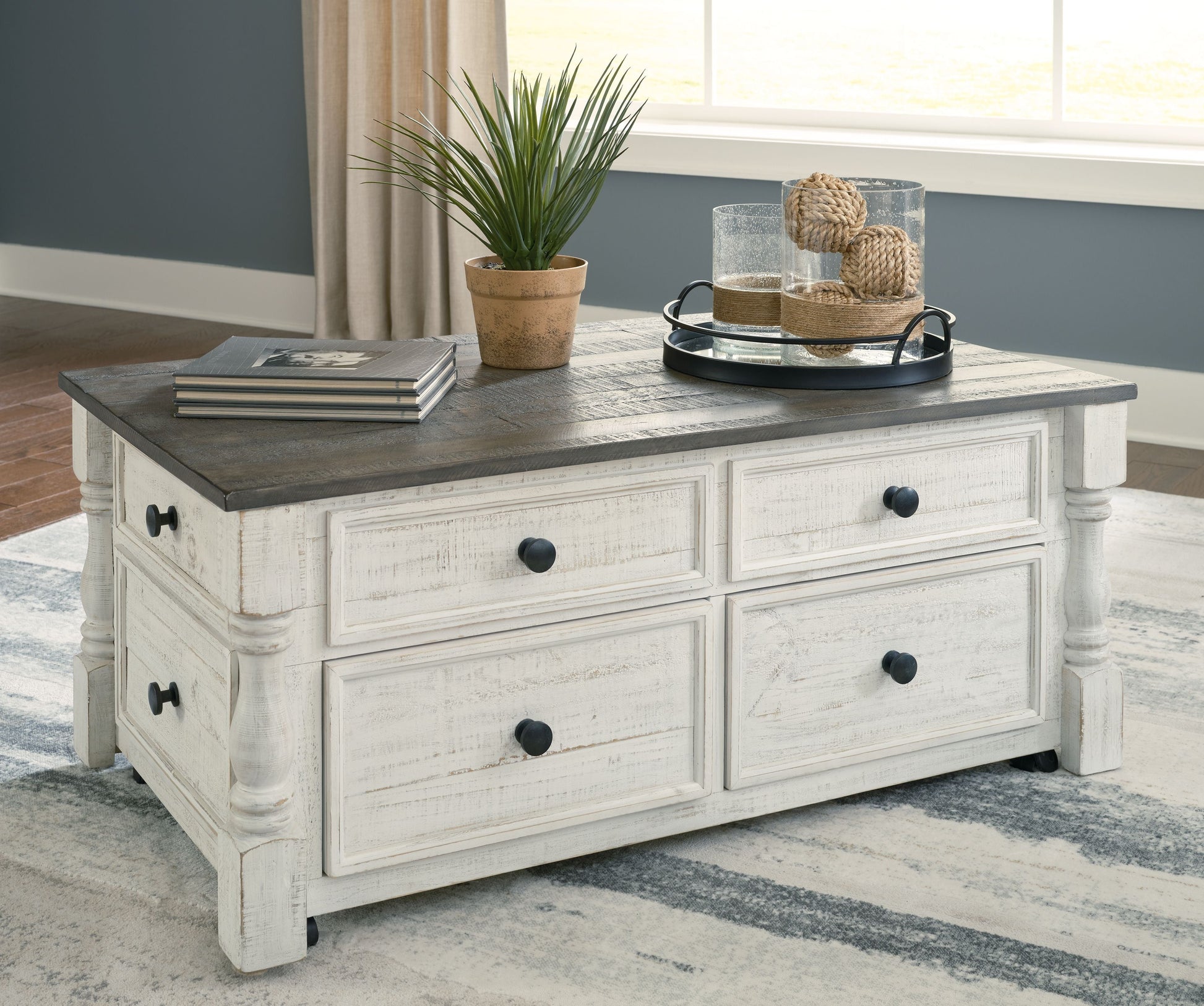 Signature Design by Ashley® Havalance - White / Gray - Lift Top Cocktail Table With Storage Drawers | Meri Furniture
