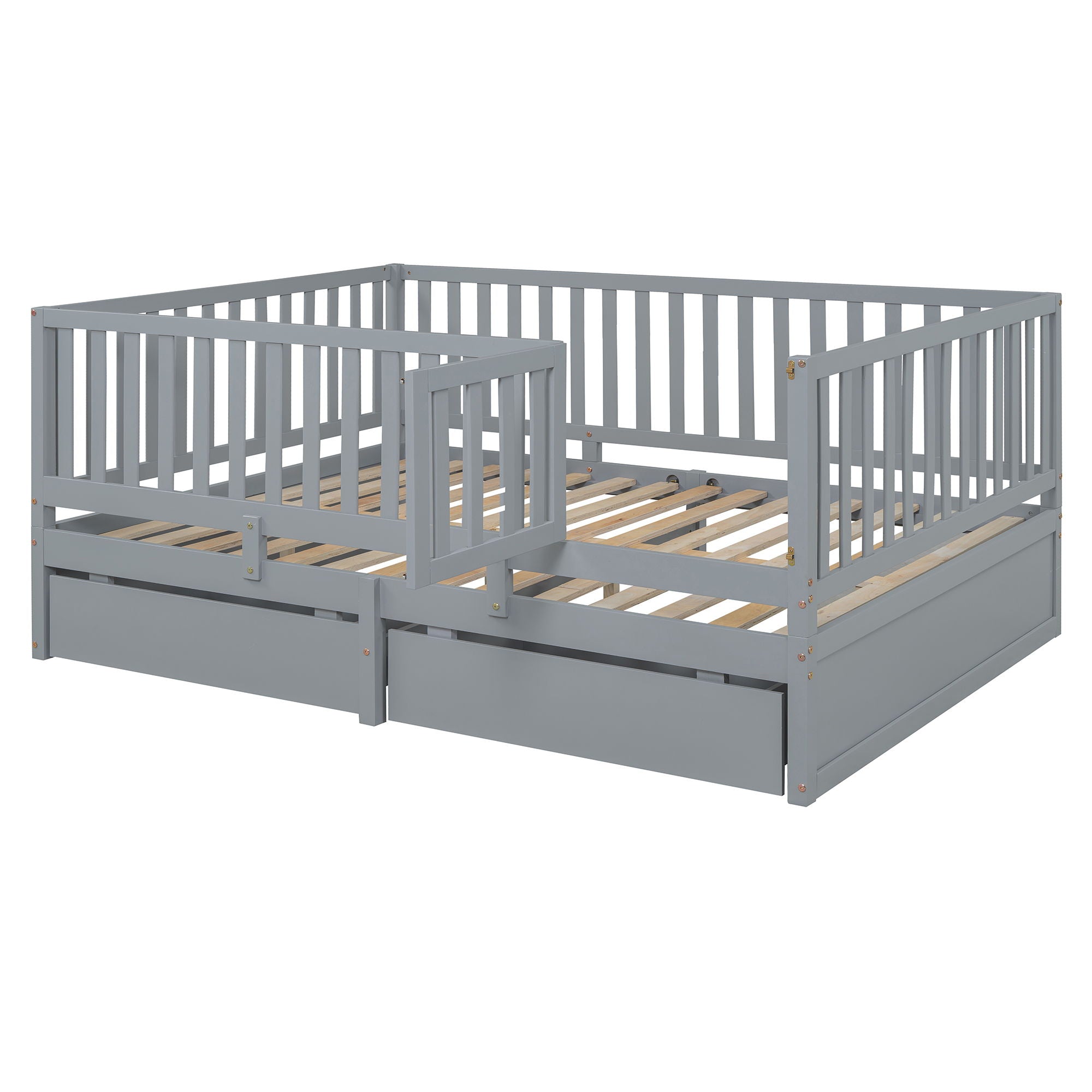 Daybed With Fence Guardrails And 2 Drawers, Split Into Independent Floor Bed & Daybed