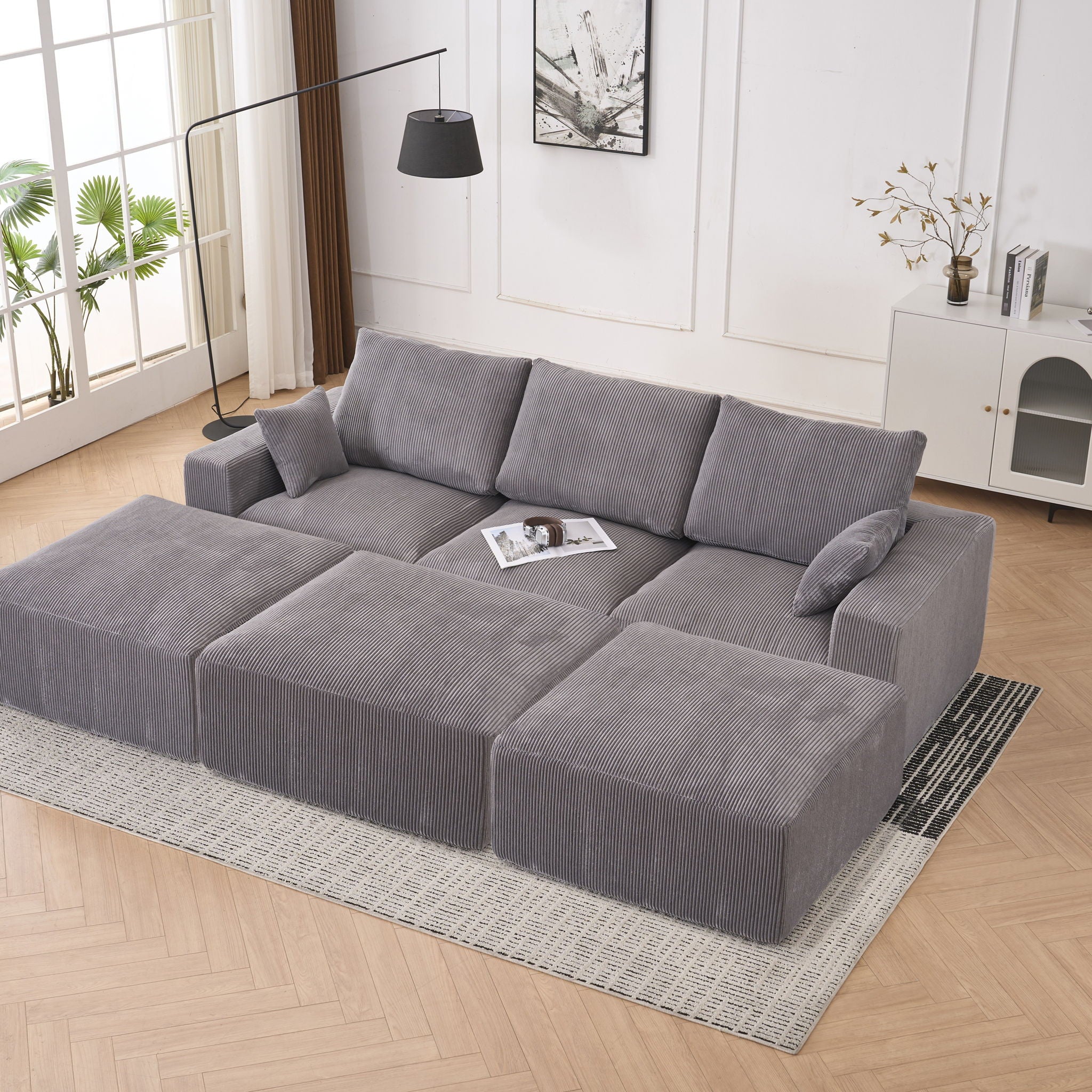 Modular Sectional Sofa With Ottoman, USB And Type C Charger, Petal Armrest Design