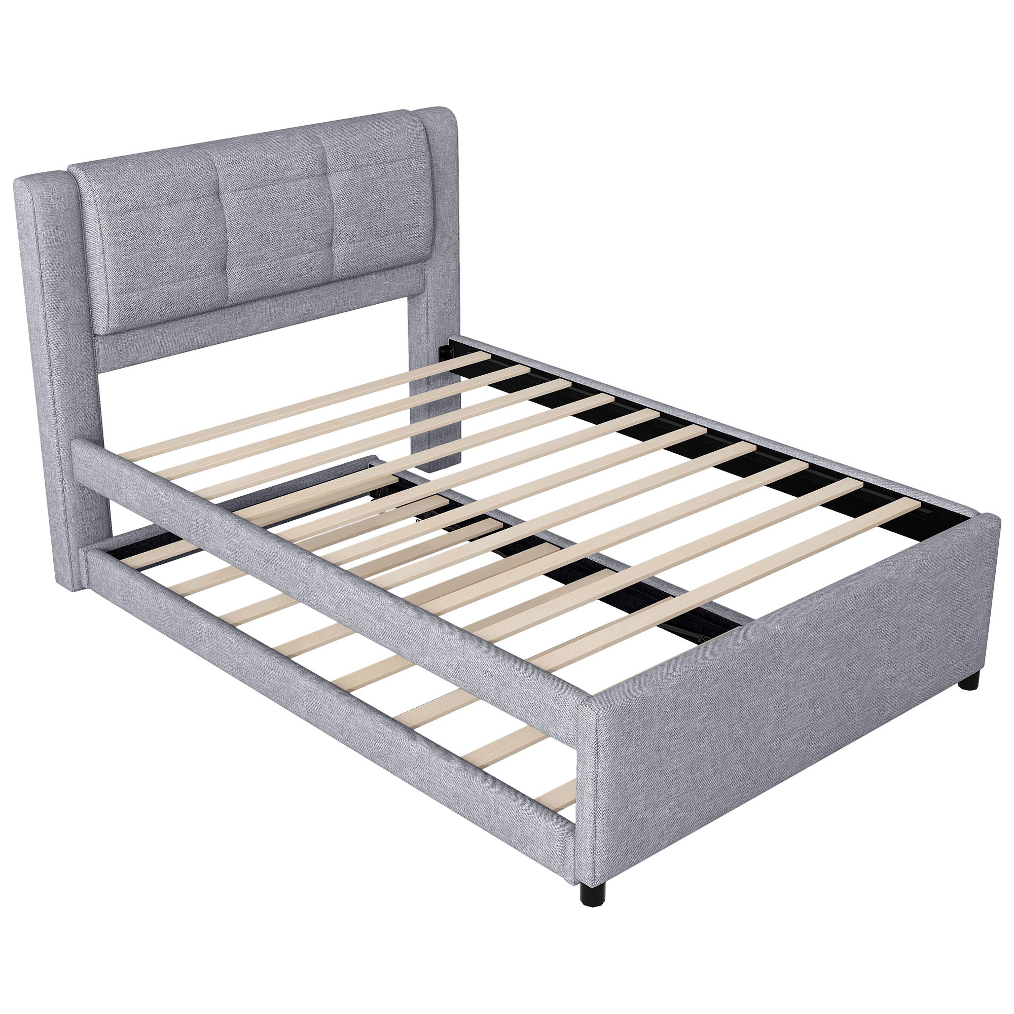 Upholstery Platform Bed With Trundle,Trundle Can Be Flat Or Erected