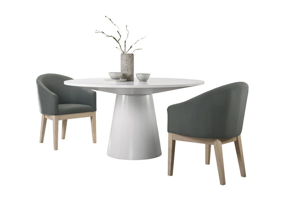 Jasper 59" White 3 Piece Round Dining Table Set with Pedestal Base and Gray Barrel Chairs