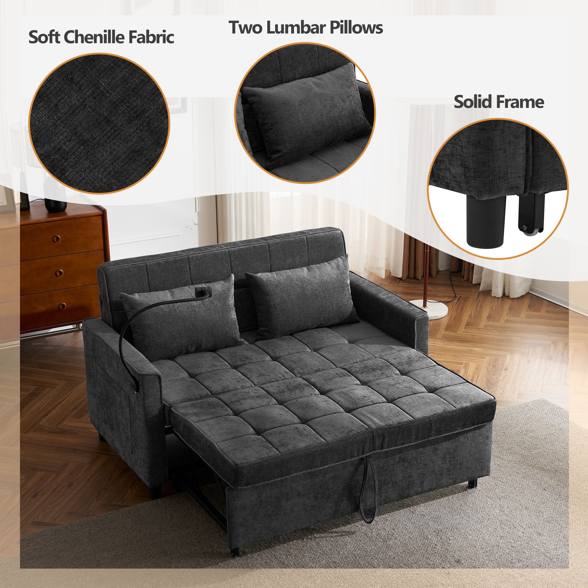 Loveseat Sofa Bed Sleeper With Reversible Backrest, Side Pockets, USB Ports, Phone Holder