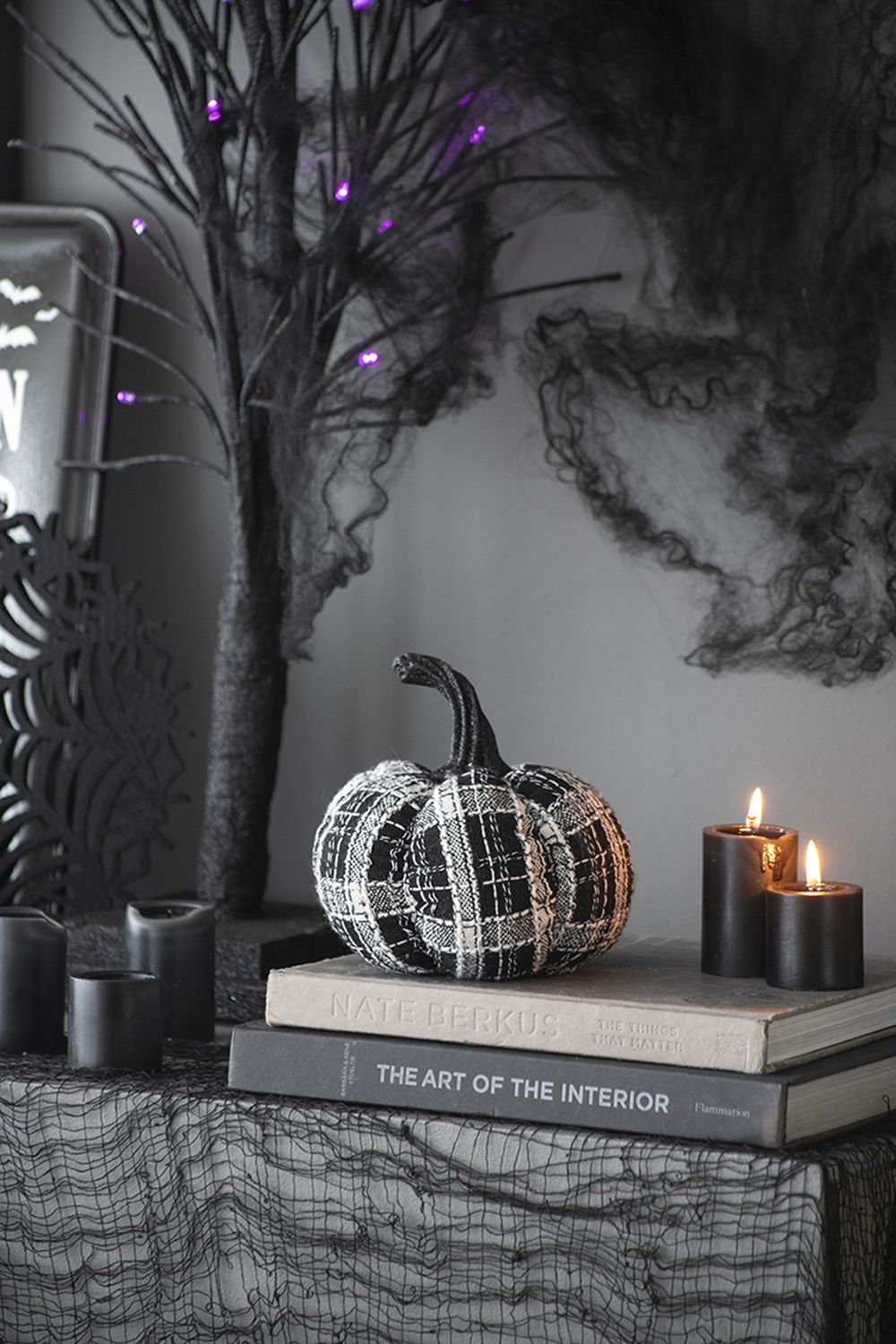 Light Plaid Pumpkin, For Holiday Halloween Decor - Black / White