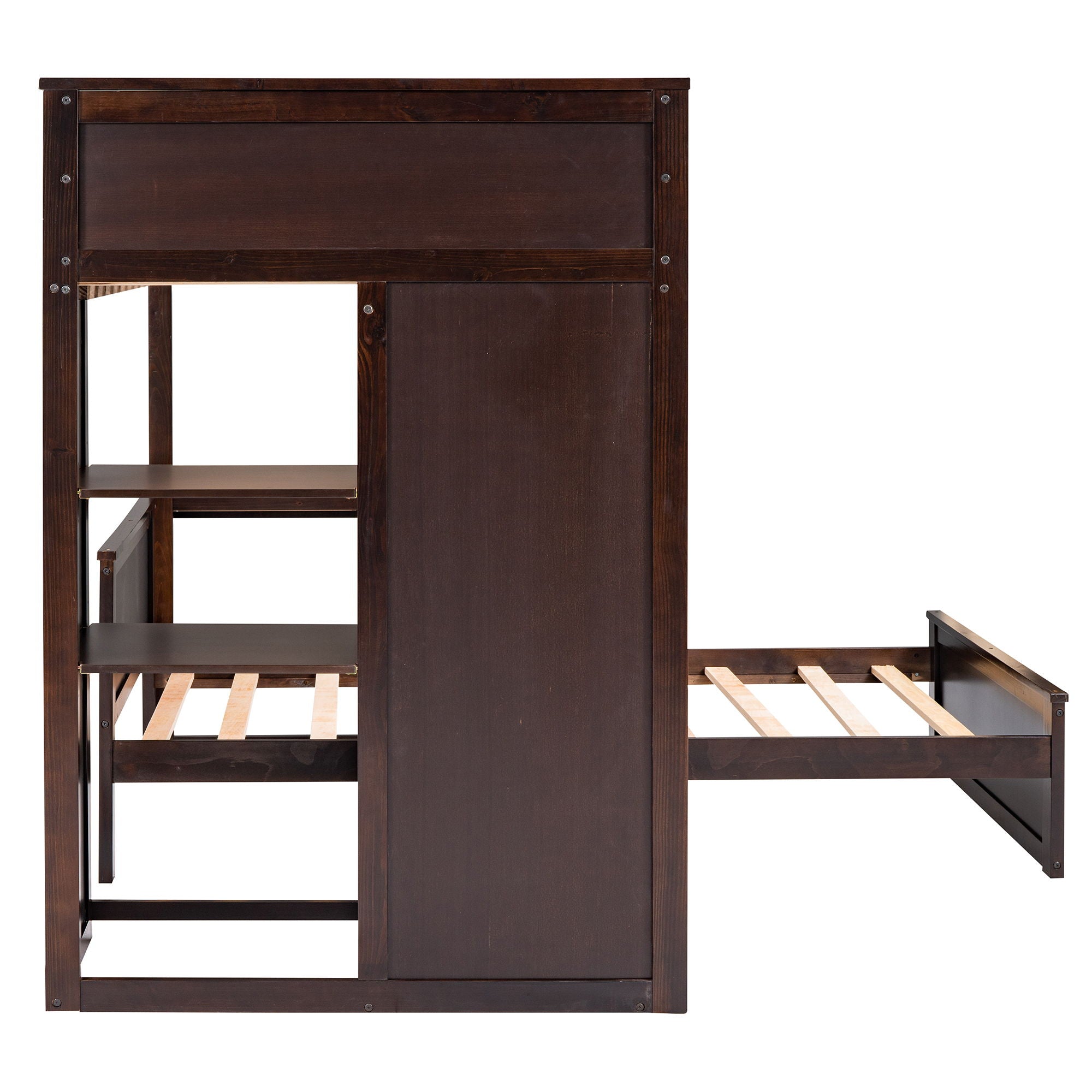 Loft Bed With A Stand Alone Bed, Shelves, Desk, And Wardrobe